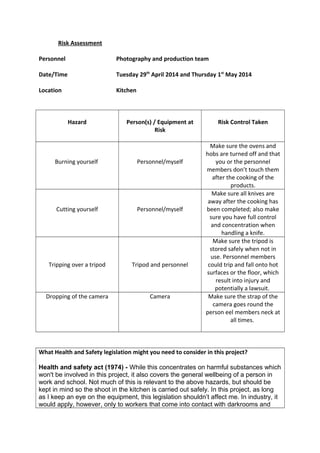 Risk Assessment
Personnel Photography and production team
Date/Time Tuesday 29th
April 2014 and Thursday 1st
May 2014
Location Kitchen
Hazard Person(s) / Equipment at
Risk
Risk Control Taken
Burning yourself Personnel/myself
Make sure the ovens and
hobs are turned off and that
you or the personnel
members don’t touch them
after the cooking of the
products.
Cutting yourself Personnel/myself
Make sure all knives are
away after the cooking has
been completed; also make
sure you have full control
and concentration when
handling a knife.
Tripping over a tripod Tripod and personnel
Make sure the tripod is
stored safely when not in
use. Personnel members
could trip and fall onto hot
surfaces or the floor, which
result into injury and
potentially a lawsuit.
Dropping of the camera Camera Make sure the strap of the
camera goes round the
person eel members neck at
all times.
What Health and Safety legislation might you need to consider in this project?
Health and safety act (1974) - While this concentrates on harmful substances which
won't be involved in this project, it also covers the general wellbeing of a person in
work and school. Not much of this is relevant to the above hazards, but should be
kept in mind so the shoot in the kitchen is carried out safely. In this project, as long
as I keep an eye on the equipment, this legislation shouldn’t affect me. In industry, it
would apply, however, only to workers that come into contact with darkrooms and
 