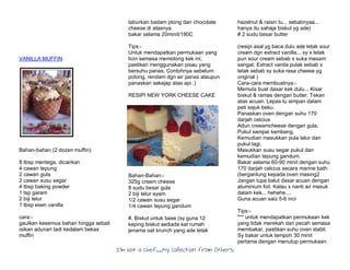 I’m Not a Chef……My Collection from Others
VANILLA MUFFIN
Bahan-bahan (2 dozen muffin):
8 tbsp mentega, dicairkan
4 cawan tepung
2 cawan gula
2 cawan susu segar
4 tbsp baking powder
1 tsp garam
2 biji telur
1 tbsp esen vanilla
cara:-
gaulkan kesemua bahan hingga sebati
isikan adunan tadi kedalam bekas
muffin
taburkan badam ptong dan chocolate
cheese di atasnya
bakar selama 20minit/180C
Tips:-
Untuk mendapatkan permukaan yang
licin semasa memotong kek ini,
pastikan menggunakan pisau yang
bersuhu panas. Contohnya sebelum
potong, rendam dgn air panas ataupun
panaskan sekejap atas api :)
RESIPI NEW YORK CHEESE CAKE
Bahan-Bahan:-
325g cream cheese
8 sudu besar gula
2 biji telur ayam
1/2 cawan susu segar
1/4 cawan tepung gandum
#. Biskut untuk base (sy guna 12
keping biskut sediada kat rumah
jenama oat krunch yang ade letak
hazelnut & raisin tu... sebabnyaa...
hanya itu sahaja biskut yg ade)
# 2 sudu besar butter
(resipi asal yg baca dulu ade letak sour
cream dgn extract vanilla... sy x letak
pun sour cream sebab x suka masam
sangat. Extract vanila pulak sebab x
letak sebab sy suka rasa cheese yg
original )
Cara-cara membuatnya:-
Memula buat dasar kek dulu... Kisar
biskut & ramas dengan butter. Tekan
atas acuan. Lepas tu simpan dalam
peti sejuk beku.
Panaskan oven dengan suhu 170
darjah celcius
Adun creeamcheese dengan gula.
Pukul sampai kembang.
Kemudian masukkan pula telur dan
pukul lagi.
Masukkan susu segar pukul dan
kemudian tepung gandum.
Bakar selama 60-90 minit dengan suhu
170 darjah celcius secara marine bath
(bergantung kepada oven masing2
Jangan lupa balut dasar acuan dengan
aluminium foil. Kalau x nanti air masuk
dalam kek... hehehe....
Guna acuan saiz 5-6 inci
Tips:-
*** untuk mendapatkan permukaan kek
yang tidak merekah dan pecah semasa
membakar, pastikan suhu oven stabil.
Sy bakar untuk tempoh 30 minit
pertama dengan menutup permukaan
 