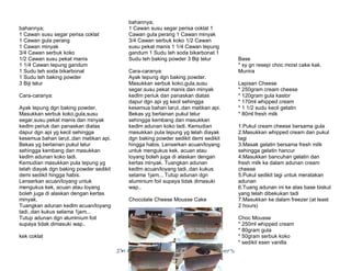 I’m Not a Chef……My Collection from Others
bahannya;
1 Cawan susu segar perisa coklat
1 Cawan gula perang
1 Cawan minyak
3/4 Cawan serbuk koko
1/2 Cawan susu pekat manis
1 1/4 Cawan tepung gandum
1 Sudu teh soda bikarbonat
1 Sudu teh baking powder
3 Biji telur
Cara-caranya:
Ayak tepung dgn baking powder.
Masukkan serbuk koko,gula,susu
segar,susu pekat manis dan minyak
kedlm periuk dan panaskan diatas
dapur dgn api yg kecil sehingga
kesemua bahan larut..dan matikan api.
Bekas yg berlainan pukul telur
sehingga kembang dan masukkan
kedlm adunan koko tadi.
Kemudian masukkan pula tepung yg
telah diayak dgn baking powder sedikit
demi sedikit hingga habis.
Lenserkan acuan/loyang untuk
mengukus kek, acuan atau loyang
boleh juga di alaskan dengan kertas
minyak.
Tuangkan adunan kedlm acuan/loyang
tadi..dan kukus selama 1jam...
Tutup adunan dgn aluminium foil
supaya tidak dimasuki wap..
kek coklat
bahannya;
1 Cawan susu segar perisa coklat 1
Cawan gula perang 1 Cawan minyak
3/4 Cawan serbuk koko 1/2 Cawan
susu pekat manis 1 1/4 Cawan tepung
gandum 1 Sudu teh soda bikarbonat 1
Sudu teh baking powder 3 Biji telur
Cara-caranya:
Ayak tepung dgn baking powder.
Masukkan serbuk koko,gula,susu
segar,susu pekat manis dan minyak
kedlm periuk dan panaskan diatas
dapur dgn api yg kecil sehingga
kesemua bahan larut..dan matikan api.
Bekas yg berlainan pukul telur
sehingga kembang dan masukkan
kedlm adunan koko tadi. Kemudian
masukkan pula tepung yg telah diayak
dgn baking powder sedikit demi sedikit
hingga habis. Lenserkan acuan/loyang
untuk mengukus kek, acuan atau
loyang boleh juga di alaskan dengan
kertas minyak. Tuangkan adunan
kedlm acuan/loyang tadi..dan kukus
selama 1jam... Tutup adunan dgn
aluminium foil supaya tidak dimasuki
wap..
Chocolate Cheese Mousse Cake
Base
* sy gn resepi choc moist cake kak.
Munira
Lapisan Cheese
* 250gram cream cheese
* 120gram gula kastor
* 170ml whipped cream
* 1 1/2 sudu kecil gelatin
* 80ml fresh milk
1.Pukul cream cheese bersama gula
2.Masukkan whipped cream dan pukul
lagi
3.Masak gelatin bersama fresh milk
sehingga gelatin hancur
4.Masukkan bancuhan gelatin dan
fresh milk ke dalam adunan cream
cheese
5.Pukul sedikit lagi untuk meratakan
adunan
6.Tuang adunan ini ke atas base biskut
yang telah dibekukan tadi
7.Masukkan ke dalam freezer (at least
2 hours)
Choc Mousse
* 250ml whipped cream
* 80gram gula
* 50gram serbuk koko
* sedikit esen vanilla
 
