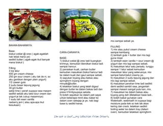 I’m Not a Chef……My Collection from Others
BAHAN-BAHANNYA:
Base:
biskut coklat @ oreo ( agak-agaklah
nak tebal mana ye)
sedikit butter ( agak-agak ikut banyak
mana biskut )
Filling:
3 biji telur
400 gm cream cheese
250 gm sour cream ( aku tak de ni, so
aku gantikan dengan plain yogurt)
1/2 cawan gula
2 sudu besar tepung jagung
30 gm butter
sebiji lime ( perah supaya rasa masam
sedikit sebab aku takd sour cream dan
yogurt je tak cukup masamnya)
1 sudu teh esen vanilla
rasberry jem ( atau apa-apa ikut
kesukaan)
CARA-CARANYA:
BASE:
1) biskut coklat @ oreo tadi buangkan
krimnya, kemudian blendkan biskut tadi
sampai hancur.
2) panaskan kuali, cairkan butter
kemudian masukkan biskut hancur tadi
ke dalam kuali dan gaul sampai sebati.
3) sapukan loyang atau bekas atau
springform loyang dengan
minyak@butter.
4) letakkan biskut yang telah digaul
dengan butter ke dalam bekas tadi dan
press it firmlysupaya sekata.
5) boleh sejukkan ke dalam peti sejuk
untuk beberapa minit atau bakar ke
dalam oven sekejap je ye. nak bagi
base tu sedikit keras.
mix sampai sebati ye.
FILLING
1) mix atau pukul cream cheese
sampai kembang
2) tambah gula + butter dan mix lagi
guna mixer
3) tambah esen vanilla + sour cream @
yogurt dan mix lagi sampai sebati.
4) masukkan telur satu persatu. tunggu
sampai 1 telur sebati kemudian
masukkan telur yang seterusnya. mix
sampai betul-betul creamy ye..
5) masukkan 2 sudu tepung jagung dan
mix lagi sampai sebati.
6) masukkan perahan lime tadi sedikit
demi sedikit sambil rasa, janganlah
sampai masam sangat pula kan..mix.
7) masukkan ke dalam bekas atau
loyang yang dah diletakkan base tadi..
8) boleh bakar gunakan cara
Waterbath. waterbath ini supaya bagi
moisture pada kek so kek tak akan
kering dan crack. letakkan sedikit
boiling water ke dalam tray (dalam
oven) kemudian letakkan springform
 