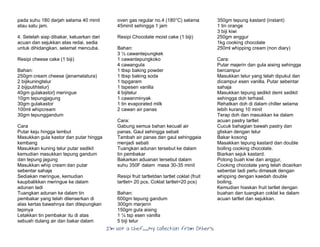 I’m Not a Chef……My Collection from Others
pada suhu 180 darjah selama 40 minit
atau satu jam.
4. Setelah siap dibakar, keluarkan dari
acuan dan sejukkan atas redai, sedia
untuk dihidangkan, selamat mencuba.
Resipi cheese cake (1 biji)
Bahan:
250gm cream cheese (jenamatatura)
2 bijikuningtelur
2 bijiputihtelur}
40gm gulakastor} meringue
10gm tepungjagung
30gm gulakastor
100ml whipcream
30gm tepunggandum
Cara
Putar keju hingga lembut
Masukkan gula kastor dan putar hingga
kembang
Masukkan kuning telur putar sedikit
kemudian masukkan tepung gandum
dan tepung jagung
Masukkan whip cream dan putar
sebentar sahaja
Sediakan meringue, kemudian
kaupbalikkan meringue ke dalam
adunan tadi
Tuangkan adunan ke dalam tin
pembakar yang telah dilenserkan di
alas kertas bawahnya dan ditepungkan
tepinya
Letakkan tin pembakar itu di atas
sebuah dulang air dan bakar dalam
oven gas regular no.4 (180°C) selama
45minit sehingga 1 jam
Resipi Chocolate moist cake (1 biji)
Bahan:
3 ½ cawantepungkek
1 cawantepungkoko
4 cawangula
1 tbsp baking powder
1 tbsp baking soda
1 tspgaram
1 tspesen vanilla
4 bijitelur
1 cawanminyak
1 tin evaporated milk
2 cawan air panas
Cara:
Gabung semua bahan kecuali air
panas. Gaul sehingga sebati
Tambah air panas dan gaul sehinggaia
menjadi sebati
Tuangkan adunan tersebut ke dalam
tin pembakar
Bakarkan aduanan tersebut dalam
suhu 350F dalam masa 30-35 minit
Resipi fruit tartletdan tartlet coklat (fruit
tartlet= 20 pcs, Coklat tartlet=20 pcs)
Bahan:
600gm tepung gandum
300gm marjerin
150gm gula aising
1 ¼ tsp esen vanilla
5 biji telur
350gm tepung kastard (instant)
1 tin orange
3 biji kiwi
250gm anggur
1kg cooking chocolate
250ml whipping cream (non diary)
Cara:
Putar majerin dan gula aising sehingga
bercampur
Masukkan telur yang telah dipukul dan
dicampur esen vanilla. Putar sebentar
sahaja
Masukkan tepung sedikit demi sedikit
sehingga doh terhasil.
Rehatkan doh di dalam chiller selama
lebih kurang 10 minit
Terap doh dan masukkan ke dalam
acuan pastry tartlet
Cucuk bahagian bawah pastry dan
gliskan dengan telur
Bakar kosong
Masakkan tepung kastard dan double
boiling cooking chocolate.
Biarkan sejuk kastard.
Potong buah kiwi dan anggur.
Cooking chocolate yang telah dicairkan
sebentar tadi perlu dimasak dengan
whipping dengan kaedah double
boiling.
Kemudian hiaskan fruit tartlet dengan
buahan dan tuangkan coklat ke dalam
acuan tartlet dan sejukkan.
 