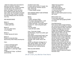 I’m Not a Chef……My Collection from Others
- letak krim dalam periuk dan bawa ke
takat just mendidih, masukkan
chocolate dan kacau sampai chocolate
cair dan adunan tue, smooth dan
pekat. biar kejap(1-2mins) utk suam
dan tuangkan ke atas cake dan biar
sejuk. kalau nak hias dengan chocolate
rice utk kasi crispy, biarkan chocolate
tue sejuk sekejap pastu baru taburkan
choc rice.
KEK MASAM MANIS
Bahan A
10 biji kuning telur
1 cawan gula halus
Bahan B
1 tin susu pekat manis
16 oz mentega
Bahan C
2 cawan tepung roti manis
Bahan D
Pewarna kuning dan hijau
Buah keranji (Haw Flakes) secukupnya
Cara :
1. Pukul A sehingga pekat
2. Putar B sampai putih
3. Combine A & B, pukul rata
4. Masukkan C, pukul lagi hingga
sebati
5. Bahagi kpd 2 bhgn - (a) Bubuh
warna kuning
(b) Bubuh warna hijau
6. Kukus warna kuning 1/2 masak. Sun
buah keranji dan masukan adunan
hijau. Kukus lagi
7. Ulang melapis sampai
KEK SARANG SEMUT (KEK SPONGE
GULA HANGUS)
Bahan:
10 telur
1 cawan mentega (250g)
2 1/2 cawan tepung gandum - ayak
2 sudu teh bicarbonate of soda
2 cawan gula pasir - buat gula hangus
2 cawan air - untuk tuang pada gula
hangus
1 tin susu pekat
1 sudu teh esen vanilla
Cara : Pukul telur hingga
larut/kembang, masuk susu pekat, gaul
rata, masuk
gula hangus yg dah benar2 sejuk, baru
masuk tepung sedikit-sedikit. Kacau
rata jika bergentel tapis. Masuk
mentega, esen vanilla. Kacau rata.
Tuang
adunan yg dilengser mentega dan di
tabur tepung. Bakar 1 jam 100c api
perlahan atau ikut kepanasan dan
kesesuaian oven masing-masing.
KEK GULUNG NANAS
Bahan-Bahannya:
10 biji telur
100gm tepung gandum
150gm gula halus
60gm tepung jagung
1 sudu kecil serbuk penaik
1½ sudu kecil Quick 75
70gm mentega cair
50gm air sejuk Sedikit pewarna kuning
dan merah
Bahan-bahan krim:
5 sudu besar gula pasir
1½ sudu besar tepung jagung Sedikit
krim segar
Cara Membuatnya:
Pukul semua bahan hingga kembang
dan rata kecuali mentega cair, pewarna
kuning dan pewarna merah. Kemudian
masukkan mentega cair dan kacau
hingga sebati. Bahagikan adunan
kepada dua bahagian. Satu bahagian
diberi pewarna merah dan satu
bahagian diberi pewarna kuning.
Sediakan dulang empat persegi yang
beralaskan kertas minyak. Masukkan
adunan berwarna merah hingga rata,
kemudian bakarlah hingga masak.
Setelah masak, tuangkan adunan
berwarna kuning pula di atas kek tadi.
Kemudian bakar lagi sehingga masak.
Apabila kek telah sejuk, sapukan jem
nanas berselang-seli dengan krim
hingga rata. Kemudian gulungkan
kemas-kemas. Apabila hendak
dihidang, bolehlah dipotong mengikut
kesukaan anda.
 