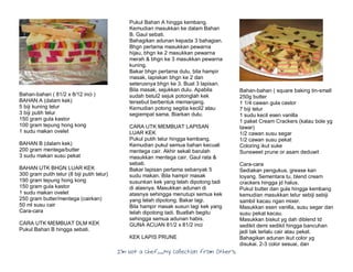 I’m Not a Chef……My Collection from Others
Bahan-bahan ( 81/2 x 8/12 inci )
BAHAN A (dalam kek)
5 biji kuning telur
3 biji putih telur
150 gram gula kastor
100 gram tepung hong kong
1 sudu makan ovelet
BAHAN B (dalam kek)
200 gram mentega/butter
3 sudu makan susu pekat
BAHAN UTK BHGN LUAR KEK
300 gram putih telur (8 biji putih telur)
190 gram tepung hong kong
150 gram gula kastor
1 sudu makan ovelet
250 gram butter/mentega (cairkan)
50 ml susu cair
Cara-cara
CARA UTK MEMBUAT DLM KEK
Pukul Bahan B hingga sebati.
Pukul Bahan A hingga kembang.
Kemudian masukkan ke dalam Bahan
B. Gaul sebati.
Bahagikan adunan kepada 3 bahagian.
Bhgn pertama masukkan pewarna
hijau, bhgn ke 2 masukkan pewarna
merah & bhgn ke 3 masukkan pewarna
kuning.
Bakar bhgn pertama dulu, bila hampir
masak, lapiskan bhgn ke 2 dan
seterusnya bhgn ke 3. Buat 3 lapisan.
Bila masak, sejukkan dulu. Apabila
sudah betul2 sejuk potonglah kek
tersebut berbentuk memanjang.
Kemudian potong segitia kecil2 atau
segiempat sama. Biarkan dulu.
CARA UTK MEMBUAT LAPISAN
LUAR KEK
Pukul putih telur hingga kembang.
Kemudian pukul semua bahan kecuali
mentega cair. Akhir sekali barulah
masukkan mentega cair. Gaul rata &
sebati.
Bakar lapisan pertama sebanyak 5
sudu makan. Bila hampir masak
susunkan kek yang telah dipotong tadi
di atasnya. Masukkan adunan di
atasnya sehingga menutupi semua kek
yang telah dipotong. Bakar lagi.
Bila hampir masak susun lagi kek yang
telah dipotong tadi. Buatlah begitu
sehingga semua adunan habis.
GUNA ACUAN 81/2 x 81/2 inci
KEK LAPIS PRUNE
Bahan-bahan ( square baking tin-small
250g butter
1 1/4 cawan gula castor
7 biji telur
1 sudu kecil esen vanilla
1 paket Cream Crackers (kalau bole yg
tawar)
1/2 cawan susu segar
1/2 cawan susu pekat
Coloring ikut suke
Sunsweet prune or asam deduwit
Cara-cara
Sediakan pengukus, grease kan
loyang. Sementara tu, blend cream
crackers hingga jd halus.
Pukul butter dan gula hingga kembang
kemudian masukkan telur sebiji sebiji
sambil kacau ngan mixer.
Masukkan esen vanilla, susu segar dan
susu pekat kacau.
Masukkan biskut yg dah diblend td
sedikit demi sedikit hingga bancuhan
jadi tak terlalu cair atau pekat.
Bahagikan adunan ikut color yg
disukai. 2-3 color sesuai, dan
 