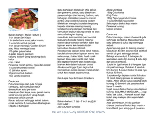 I’m Not a Chef……My Collection from Others
Bahan-bahan ( Moist Texture )
1 tin besar Seri Kaya
I tin sederhana susu pekat manis
1 sudu teh serbuk penaik
1 tin besar mentega 'Golden Churn'
atau 16oz mentega biasa
1/2 gelas gulua halus
2 gelas tepung gandum
kacang badam yang dipotong dadu
halus
chip coklat
Pewarna merah jambu, hijau dan coklat
1 sudu teh perasa coklat
10 biji telur ayam
50gram serbuk badam
1tsp vanilla essence
Cara-cara
Pukul mentega dan gula hingga
kembang, dan kemudian telur
dimasukkan satu per satu
Masukkan Seri kaya, susu pekat manis
serta tepung gandum yang diayak
bersama serbuk penaik
Kacau adunan sehingga sebati dalam
corak nombor 8, kemudian dibahagikan
kepada 3 bahagian
Satu bahagian diletakkan chip coklat
dan pewarna coklat, satu diletakkan
pewarna hijau dan kacang badam, satu
bahagian diletakkan pewarna merah
jambu.Chip coklat & kacang badam
diletakkan mengikut sukatan terpulang
kepada citarasa masing masing
Griskan loyang dengan mentega dan
kemudian ditabur tepung serata ke atas
semua bahagian loyang.
masukkan satu senduk (saiz senduk
terpulang kepada masing masing,
makin besar senduk semakin tebal tiap
lapisan warna kek tersebut) dan
kemudian dikukus 45minit.
Pastikan tiap lapisan betul betul masak,
barulah dimasukkan lapisan warna lain
seterusnya. (kalau tidak, hasil corak
lapisan tidak akan cantik dan rata)
Bila lapisan terakhir atas sudah siap,
biarkan kek dalam kukusan untuk
dikukus sehingga 2 jam lagi untuk
memastikan setiap lapisan melekat dan
untuk kek masak sepenuhnya.
Kek Lapis Keju & Cream Crackers
Bahan-bahan ( 1 biji - 7 inch sq @ 8
inch bulat )
250 g Cream Cheese
250g Mentega
180g Gula halus
6 biji Telur
180g Tepung gandum biasa
1 sudu teh Baking powder
Sebungkus biskut keju masin
Pewarna kuning
Coklat emulco
Cara-cara
Pukul mentega, cream cheese & gula
sehingga kembang. Masukkan telur
satu persatu & pukul lagi sehingga
sebati.
Ayak tepung gaul dn baking powder.
Masukkan ke dlm adunan tadi sedikit2
sambil di gaul sehingga sebati.
Bahagi adunan kpd 2 bahagian &
warnakan each dgn kuning & satu lagi
dgn coklat emulco.
Lapik tin dgn kertas & di lengser dgn
minyak/mentega. Ratakan 2 senduk
bhn kuning & susun biskut di atas nya.
Kukus 10 minit.
Lapiskan dgn lapisan coklat & kukus
10 minit. Ulang proses ini sehingga
habis. Akhir sekali kukus selama lebih
kurang 30-60 minit utk pastikan kek
benar2 masak.
Ingat, susun biskut hanya atas lapisan
kuning. SELAMAT MENCUBA..... rugi
kalau tak cuba... Nampak susah tapi
boleh siap melapis dlm sejam lebih
sahaja.
Atas permintaan, ini dia gambar
cheese crackers/ biskut keju masin -
brand lain2 pun ada juga di pasaran.
 