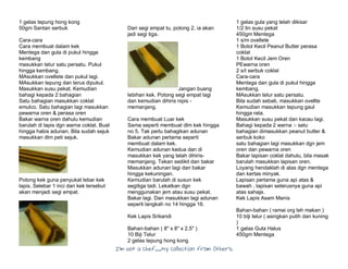 I’m Not a Chef……My Collection from Others
1 gelas tepung hong kong
50gm Santan serbuk
Cara-cara
Cara membuat dalam kek
Mentega dan gula di pukul hingga
kembang
masukkan telur satu persatu. Pukul
hingga kembang.
MAsukkan ovellete dan pukul lagi.
MAsukkan tepung dan terus dipukul.
Masukkan susu pekat. Kemudian
bahagi kepada 2 bahagian
Satu bahagian masukkan coklat
emulco. Satu bahagian lagi masukkan
pewarna oren & perasa oren
Bakar warna oren dahulu kemudian
barulah di lapis dgn warna coklat. Buat
hingga habis adunan. Bila sudah sejuk
masukkan dlm peti sejuk.
Potong kek guna penyukat lebar kek
lapis. Selebar 1 inci dan kek tersebut
akan menjadi segi empat.
Dari segi empat tu, potong 2, ia akan
jadi segi tiga.
Jangan buang
lebihan kek. Potong segi empat lagi
dan kemudian dihiris nipis -
memanjang.
Cara membuat Luar kek
Sama seperti membuat dlm kek hingga
no 5. Tak perlu bahagikan adunan
Bakar adunan pertama seperti
membuat dalam kek.
Kemudian adunan kedua dan di
masukkan kek yang telah dihiris-
memanjang. Tekan sedikit dan bakar
Masukkan adunan lagi dan bakar
hingga kekuningan.
Kemudian barulah di susun kek
segitiga tadi. Lekatkan dgn
menggunakan jem atau susu pekat.
Bakar lagi. Dan masukkan lagi adunan
seperti langkah no 14 hingga 16.
Kek Lapis Srikandi
Bahan-bahan ( 8" x 8" x 2.5" )
10 Biji Telur
2 gelas tepung hong kong
1 gelas gula yang telah dikisar
1/2 tin susu pekat
450gm Mentega
1 s/m ovellete
1 Botol Kecil Peanut Butter perasa
coklat
1 Botol Kecil Jem Oren
PEwarna oren
2 s/t serbuk coklat
Cara-cara
Mentega dan gula di pukul hingga
kembang.
MAsukkan telur satu persatu.
Bila sudah sebati, masukkan ovellte
Kemudian masukkan tepung gaul
hingga rata.
Masukkan susu pekat dan kacau lagi.
Bahagi kepada 2 warna :- satu
bahagian dimasukkan peanut butter &
serbuk koko
satu bahagian lagi masukkan dgn jem
oren dan pewarna oren
Bakar lapisan coklat dahulu, bila masak
barulah masukkan lapisan oren.
Loyang hendaklah di alas dgn mentega
dan kertas minyak.
Lapisan pertama guna api atas &
bawah , lapisan seterusnya guna api
atas sahaja.
Kek Lapis Asam Manis
Bahan-bahan ( ramai org leh makan )
10 bIji telur ( asingkan putih dan kuning
)
1 gelas Gula Halus
450gm Mentega
 