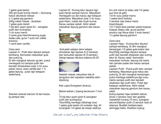 I’m Not a Chef……My Collection from Others
1 gelas gula kastor
300 gm buah kurma merah – dicincang
halus/ ditumbuk/ dikisar
2 ½ gelas tpg gandum
200g coklat masak - dicairkan
1 gelas gula merah
7 biji telur ayam (gred A) – asingkan
putih dan kuningnya
½ tin susu manis
3 cams gula hitam/browning sugar
(kalau xde, guna 1 sudu bsr coklat
emulco)
1 camt esen vanilla
Cara-cara
Lapisan A : Putih telur dipukul sampai
kembang. Kemudian masukkan gula
dan pukul lg.
Di dlm mangkuk adunan yg lain, pukul
mentega(6 oz) sampai putih dan
barulah dimasukkan pula ¼ tin susu
pekat manis, esen vanilla dan 1 ½
gelas tepung . putar dgn kelajuan
sederhana.
Satukan kedua2 adunan td dan kacau
lg sampai rata.
Lapisan B : Kuning telur dipukul dgn
gula merah sampai hancur. Masukkan
mentega(6 oz) dan kacau dgn kelajuan
sederhana. Masukkan pula ¼ tin susu,
gula hitam, coklat dan buah kurma.
Kacau sampai sebati. Akhir sekali
masukkan tepung gandum dan kacau
lg.
Kukuslah selapis demi selapis
dimulakan dgn lapisan A (2 senduk)
dan kemudian lapisan B (3 senduk).
Setiap lapisan dikukus selama 20-25
min.
Setelah masak, keluarkan kek dr
pengukus dan sejukkan seketika sblm
dipotong.
Kek Lapis Evergreen (Kukus)
Bahan-bahan ( loyang berukuran 7 inch
)
10 biji telur ayam gred A (asingkan
putih dan kuningnya)
16oz/500g mentega (dibahagi dua)
1 gelas gula kastor (ini sukatan dyg, dh
kurangkan 1/2 gelas dp resepi asalnya
krn xnk manis tp kalau add 1/2 gelas
pun kira ok gak)
1/2 tin susu pekat manis
1 peket kecil horlicks
2 senduk nasi biskut marie
kisar(diayak)
1/2-1 botol kecil pandan paste koepoe-
koepoe (kalau xde, guna pandan
emulco cap Nona sbyk 3 sudu besar)
1½ gelas tepung gandum
Cara-cara
Lapisan Hijau : Kuning telur dipukul
sampai kembang. Di dlm mangkuk
berasingan 1/2 gelas gula kastor dan
8oz/250g mentega dipukul sampai
putih dan barulah disatukan dgn kuning
telur td. Kacau rata2. Kemudian
masukkan horlicks, tepung roti marie
dan pandan paste dan kacau sampai
sebati.
Lapisan Putih : Pukul putih telur sampai
kembang. Masukkan gula halus dan
pukul lg. Di dlm mangkuk berasingan,
pukul mentega selebihnya dgn susu
manis sampai putih dan barulah
disatukan dgn putih telur. Putar dgn
kelajuan sederhana. Akhir sekali
masukkan tepung gandum dan kacau
rata2.
Kukus lapisan hijau terlebih dahulu
(kira2 3 senduk nasi) dan apabila
masak(lbh kurang 10 min), tuangkan
adunan/lapisan putih (3 senduk nasi) di
atasnya. Buatlah berlapis-lapis
sehingga habis. Pastikan loyang
 