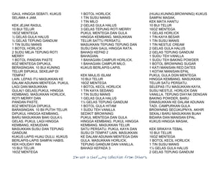 I’m Not a Chef……My Collection from Others
GAUL HINGGA SEBATI. KUKUS
SELAMA 4 JAM.
KEK JEJAK RASUL
10 BIJI TELUR
16OZ MENTEGA
½ GELAS GULA HALUS
½ GELAS TEPUNG GANDUM
1 TIN SUSU MANIS
1 BOTOL HORLICK
2 SUDU MEJA TEPUNG ROTI
MERRY
1 BOTOL PANDAN PASTE
8OZ MENTEGA DIPUKUL
BERASINGAN. 10 BIJI KUNING
TELUR DIPUKUL SEKEJAP DI
TEMPAT
LAIN. LEPAS ITU MASUKKAN KE
DALAM ADUNAN MENTEGA. PUKUL
LAGI DAN MASUKKAN
GULA(1 GELAS).PUKUL HINGGA
KEMBANG. MASUKKAN HORLICK,
ROTI MERRY DAN
PANDAN PASTE.
8OZ MENTEGA DIPUKUL
BARASINGAN. 10 BII PUTIH TELUR
DIPUKUL HINGGA KEMBANG,
BARU MASUKKAN BAKI GULA½
GELAS. PUKUL LAGI HINGGA
KEMBANG, KEMUDIAN
MASUKKAN SUSU DAN TEPUNG
GANDUM.
KUKUS LAPIS HIJAU DULU. KUKUS
BERLAPIS-LAPIS SAMPAI HABIS.
KEK HOLIDAY INN
10 BIJI TELUR
16OZ MENTEGA
1 BOTOL HORLICK
1 TIN SUSU MANIS
1 TIN MILO
2 GELAS GULA HALUS
3 GELAS TEPUNG ROTI MERRY
PUKUL MENTEGA DAN GULA
HINGGA KEMBANG. MASUKKAN
TELUR SATTU PERSATU.
MASUKKAN TEPUNG TEPUNG DAN
SUSU DAN GAUL HINGGA RATA.
BAHAGI KEPAD 2
BAHAGIAN.
1 BAHAGIAN CAMPUR HORLICK.
1 BAHAGIAN CAMPUR MILO.
KUKUS BERLAPIS-LAPIS.
KEK MAJLIS ISLAM
10 BIJI TELUR
16OZ MENTEGA
1 BOTOL KECIL HORLICK
1 TIN KAYA SEDANG
1 TIN SUSU MANIS
1 GELAS GULA HALUS
1½ GELAS TEPUNG GANDUM
1 BOTOL GULA HITAM
1 SUDU TEH VANILLA
SEDIKIT BROWNING
PUKUL MENTEGA DAN GULA
HINGGA KEMBANG. PUKUL HINGGA
KEMBANG. MASUKKAN TELUR
SATU PERSATU. PUKUL KAYA DAN
SUSU DI TEMPAT LAIN. MASUKKAN
KE DALAM ADUNAN MENTEGA DAN
GULA. MASUKKAN HORLICK,
TEPUNG GANDUM DAN VANILLA.
BAHAGI KEPADA 3
(HIJAU,KUNING,BROWNING) KUKUS
SAMPAI MASAK.
KEK MATA HANTU
10 BIJI TELUR
16OZ MENTEGA
1 GELAS HORLICK
1 TIN KAYA BESAR
1 TIN SUSU MANIS
1 TIN NESTLE CREAM
2 GELAS GULA HALUS
2 GELAS TEPUNG GANDUM
1 SUDU TEH VANILLA
1 SUDU TEH BAKING POWDER
1 BOTOL BROWNING SUGAR
1 KATI MANISAN RED DATES
1 KOTAK MANISAN EPAL
PUKUL GULA DGN MENTEGA
HINGGA KEMBANG. MASUKKAN
TELUR SATU PERSATU.
SELEPAS ITU MASUKKAN KAYA,
SUSU NESTLE, HORLICK DAN
VANILLA. TEPUNG DIAYAK DENGAN
BAKING POWDER, BARU
DIMASUKKAN KE DALAM ADUNAN
TADI. CAMPURKAN GULA
BROWNING SECUKUPNYA. AKHIR
SEKALI BARU MASUKKAN BUAH
BIDARA DAN MANISAN EPAL.
KUKUS HINGGA MASAK.
KEK SRIKAYA TEBAL
10 BIJI TELUR
16OZ MENTEGA
1 BOTOL KECIL HORLICK
1 TIN SUSU MANIS
1½ GELAS GULA HALUS
2 GELAS TEPUNG GANDUM
 