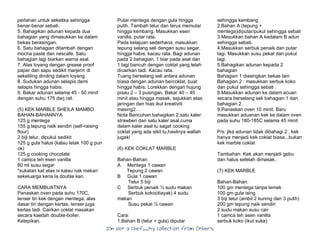 I’m Not a Chef……My Collection from Others
perlahan untuk seketika sehingga
benar-benar sebati.
5. Bahagikan adunan kepada dua
bahagian yang dimasukkan ke dalam
bekas berasingan.
6. Satu bahagian ditambah dengan
mocha paste dan nescafe. Satu
bahagian lagi biarkan warna asal.
7. Alas loyang dengan grease proof
paper dan sapu sedikit marjerin di
sekeliling dinding dalam loyang.
8. Sudukan adunan selapis demi
selapis hingga habis.
9. Bakar adunan selama 45 - 50 minit
dengan suhu 175 darj cel.
(5) KEK MARBLE SHEILA MAMBO
BAHAN-BAHANNYA
125 g mentega
155 g tepung naik sendiri (self-raising
flour)
2 biji telur, dipukul sedikit
125 g gula halus (kalau letak 100 g pun
ok)
125 g cooking chocolate
1 camca teh esen vanilla
80 ml susu segar
*sukatan kat atas ni kalau nak makan
sekeluarga kena la double kan.
CARA MEMBUATNYA
Panaskan oven pada suhu 170C,
lenser tin kek dengan mentega, alas
dasar tin dengan kertas, lenser juga
kertas tadi. Cairkan coklat masakan
secara kaedah double-boiler.
Ketepikan.
Putar mentega dengan gula hingga
putih. Tambah telur dan terus memutar
hingga kembang. Masukkan esen
vanilla, putar rata.
Pada kelajuan sederhana, masukkan
tepung selang seli dengan susu segar,
hingga habis, kacau rata. Bagi adunan
pada 2 bahagian, 1 biar pada asal dan
1 lagi bancuh dengan coklat yang telah
dicairkan tadi. Kacau rata.
Tuang berselang seli antara adunan
biasa dengan adunan bercoklat, buat
hingga habis. Lorekkan dengan hujung
pisau 2 – 3 pusingan. Bakar 40 – 45
minit atau hingga masak, sejukkan atas
jaringan dan hias ikut kreativiti
masing2…
Nota Bancuhan bahagikan 2,satu kaler
strawberi dan satu kaler asal,cuma
dalam kaler asal tu sagat cooking
coklat yang ada sikit tu,hasilnya wallah
jugak!
(6) KEK COKLAT MARBLE
Bahan-Bahan:
A Mentega 1 cawan
Tepung 2 cawan
B Gula 1 cawan
Telur 5 biji
C Serbuk penaik ½ sudu makan
Serbuk koko(diayak) 4 sudu
makan
Susu pekat ½ cawan
Cara:
1.Bahan B (telur + gula) diputar
sehingga kembang
2.Bahan A (tepung +
mentega)diputar/pukul sehingga sebati
3.Masukkan bahan A kedalam B adun
sehingga sebati.
4.Masukkan serbuk penaik dan putar
lagi. Masukkan susu pekat dan pukul
lagi.
5.Bahagikan adunan kepada 2
bahagian
Bahagian 1 diasingkan bekas lain
Bahagian 2 : masukkan serbuk koko
dan pukul sehingga sebati .
8.Masukkan adunan ke dalam acuan
secara berselang seli bahagian 1 dan
bahagian 2.
9.Panaskan oven 10 minit. Baru
masukkan aduanan kek ke dalam oven
pada suhu 180-185C selama 45 minit
P/s: jika adunan tidak dibahagi 2 , kek
hanya menjadi kek coklat biasa...bukan
kek marble coklat
Tambahan: Kek akan menjadi gebu
dan halus setelah dimasak..
(7) KEK MARBLE
Bahan-Bahan:
100 gm mentega tanpa lemak
100 gm gula ising
3 biji telur (ambil 2 kuning dan 3 putih)
200 gm tepung naik sendiri
2 sudu makan susu cair
1 camca teh asen vanilla
serbuk koko (ikut suka)
 