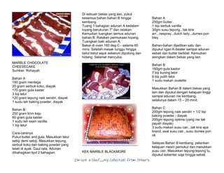 I’m Not a Chef……My Collection from Others
MARBLE CHOCOLATE
CHEESECAKE
Sumber: Rohayah
Bahan A
180 gram mentega
20 gram serbuk koko, diayak
170 gram gula kaster
3 biji telur
120 gram tepung naik sendiri, diayak
1 sudu teh baking powder, diayak
Bahan B
250 gram krim keju
60 gram gula kaster
1 sudu teh esen vanilla
1 biji telur
Cara-caranya
Pukul butter and gula. Masukkan telur
sebiji demi sebiji. Masukkan tepung,
serbuk koko dan baking powder yang
telah di ayak. Gaul rata. Adunan
dibahagikan kpd 2 bahagian.
Di sebuah bekas yang lain, pukul
kesemua bahan bahan B hingga
kembang.
Tuang 1 bahagian adunan A kedalam
loyang berukuran 7" dan ratakan.
Kemudian tuangkan semua adunan
bahan B. Ratakan permukaan loyang.
Tuangkan baki adunan A.
Bakar di oven 160 deg C - selama 60
mins. Setelah masak tunggu hingga
betul betul sejuk sebelum dipotong dan
hidang. Selamat mencuba.
KEK MARBLE BLACKMORE
Bahan A
250gm butter
1 tsp serbuk vanilla
30gm susu tepong...tak kira
arr...nespray...dutch lady...dumex pon
bley
Bahan-bahan dijadikan satu dan
dipukul ngan K-beater sampai adunan
sebati dan butter berkilat. Kemudian
asingkan dalam bekas yang lain.
Bahan B
160gm gula kastor
7 biji kuning telor
6 biji putih telor
1 sudu makan ovalette
Masukkan Bahan B dalam bekas yang
lain dan dipukul dengan kelajuan tinggi
sampai adunan nie kembang,
selalunya dalam 15 – 20 minit.
Bahan C
200gm tepong naik sendiri + 1/2 tsp
baking powder - diayak
200gm tepong optima (yang nie tak
payah diayak)
3 sudu makan susu cair...tak kira apa
brand..asal susu cair...susu dumex pon
ok
Selepas Bahan B kembang, pelankan
kelajuan mesin pemukul dan masukkan
susu cair. Masukkan tepung-tepong tu,
dipukul sebentar saja hingga sebati
 