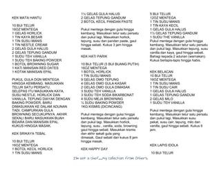 I’m Not a Chef……My Collection from Others
KEK MATA HANTU
10 BIJI TELUR
16OZ MENTEGA
1 GELAS HORLICK
1 TIN KAYA BESAR
1 TIN SUSU MANIS
1 TIN NESTLE CREAM
2 GELAS GULA HALUS
2 GELAS TEPUNG GANDUM
1 SUDU TEH VANILLA
1 SUDU TEH BAKING POWDER
1 BOTOL BROWNING SUGAR
1 KATI MANISAN RED DATES
1 KOTAK MANISAN EPAL
PUKUL GULA DGN MENTEGA
HINGGA KEMBANG. MASUKKAN
TELUR SATU PERSATU.
SELEPAS ITU MASUKKAN KAYA,
SUSU NESTLE, HORLICK DAN
VANILLA. TEPUNG DIAYAK DENGAN
BAKING POWDER, BARU
DIMASUKKAN KE DALAM ADUNAN
TADI. CAMPURKAN GULA
BROWNING SECUKUPNYA. AKHIR
SEKALI BARU MASUKKAN BUAH
BIDARA DAN MANISAN EPAL.
KUKUS HINGGA MASAK.
KEK SRIKAYA TEBAL
10 BIJI TELUR
16OZ MENTEGA
1 BOTOL KECIL HORLICK
1 TIN SUSU MANIS
1½ GELAS GULA HALUS
2 GELAS TEPUNG GANDUM
2 BOTOL KECIL PANDAN PASTE
Pukul mentega dengan gula hingga
kembang. Masukkan telur satu persatu
dan pukul lagi. Masukkan horlick,
tepung, susu dan pandan paste, gaul
hingga sebati. Kukus 3 jam hingga
masak.
KEK HATI PARIK
10 BIJI TELUR (5 BIJI BUANG PUTIH)
16OZ MENTEGA
1 BOTOL HORLICK
1 TIN SUSU MANIS
9 GELAS OMO TEPUNG
4 GELAS OMO GULA KASAR
2 GELAS OMO GULA DIMASAK
3 SUDU TEH VANILLA
3 SUDU TEH SODA BIKARBONAT
4 SUDU MEJA BROWNING
½ SUDU BAKING POWDER
1KG KISMIS (DICINCANG)
Pukul mentega dengan guka hingga
kembang. Masukkan telur satu persatu
dan pukul lagi. Masukkan horlick,
tepung, susu , vanilla, soda, browning
gaul hingga sebati. Masukkan kismis
dan akhir sekali gula yang
dimasak. Gaul sebati dan kukus 8 jam
hingga masak.
KEK HAPPY DAY
5 BIJI TELUR
12OZ MENTEGA
1 TIN SUSU MANIS
1 TIN KAYA KECIL
1 GELAS GULA HALUS
1½ GELAS TEPUNG GANDUM
1 SUDU THE VANILLA
Pukul mentega dengan gula hingga
kembang. Masukkan telur satu persatu
dan pukul lagi. Masukkan tepung, susu
vanilla dan kaya, gaul hingga sebati.
Bahagi kepada 2 adunan (warnakan).
Kukus berlapis-lapis hingga habis.
KEK BELACAN
10 BIJI TELUR
16OZ MENTEGA
1 TIN SUSU MANIS
1 TIN SUSU CAIR
1 GELAS GULA HALUS
1 GELAS TEPUNG GANDUM
2 GELAS MILO
1 SUDU TEH VANILLA
Pukul mentega dengan gula hingga
kembang. Masukkan telur satu persatu
dan pukul lagi. Masukkan susu
pekat, susu cair, tepung, milo dan
vanilla, gaul hingga sebati. Kukus 6
jam.
KEK LAPIS IDOLA
10 BIJI TELUR
 