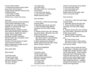 I’m Not a Chef……My Collection from Others
6 sudu makan horlicks
1 bungkus kecil serbuk santan (boleh
guna mana-mana jenama)
3 gelas tepung superfine /tepung hong
kong/tepung kek
1 sudu makan ovallete
1 sudu teh esen vanilla
Pewarna biru, merah dan kuning
Cara-cara
Pukul telur dan gula sampai kembang
Dalam bekas berasingan, pukul
mentega dan susu hingga kembang.
Setelah itu, masukkan seri kaya.
Satukan adunan 1 dan 2
Masukkan tepung superfine sedikit
demi sedikit hingga habis. Masukkan
serbuk santan, ovallete dan esen
vanilla. Gaul hingga sebati.
Bahagikan kepada 4 bahagian :-
Warna merah, biru, kuning dan warna
asli adunan (putih)
Sudukan 5-6 sudu makan ke dalam
acuan aluminium 8X8 inci.
Bakar berlapis-lapis dengan api grill
bersuhu 230 Celcius.
KEK LAPIS SMS
Bahan-bahan:
10 biji telur ayam
150 gram gula halus
1 sudu makan ovalet
200 gram tepung hongkong
454 gram mentega
1 tin susu manis
1 tin tinggi kaya
100 gram horlick
300 gram coklat rice / secukupnya
untuk ditabur
½ sudu kecil esen pisang
½ sudu kecil esen strawberi
Sedikit pewarna merah
Cara membuat:
1. Pukul telur, ovalet dan gula hingga
naik dan pekat.
2. Masukkan tepung dan gaul rata.
3. Pukul mentega hingga lembut,
masukkan susu dan pukul hingga
gebu.
4. Satukan adunan telur dan mentega
dan pukul sebati. Masukkan kaya dan
horlick, kacau sebati.
5. Bahagi kepada dua bahagian:
Beri warna merah + esen strawberi
Biar warna plain + esen pisang
6. Bakar berlapis-lapis dengan 2
lapisan setiap warna dan tabor setiap
lapisan dengan coklat rice.
KEK LAPIS KOMANDO
Bahan-bahan:
10 biji telur ayam
100 gram gula halus
1 sudu makan ovalet
200 gram tepung hongkong
450 gram mentega
1 tin susu manis
1 tin tinggi kaya
100 gram horlick
coklat rice secukupnya untuk ditabur
½ sudu kecil esen pisang
½ sudu kecil pandan pes
½ sudu kecil butter oil
Sedikit pewarna hijau gelap, hijau
muda, kuning dan coklat
Cara membuat:
1. Pukul telur, ovalet dan gula hingga
naik dan pekat.
2. Masukkan tepung dan gaul rata.
3. Pukul mentega hingga lembut,
masukkan susu dan pukul hingga
gebu.
4. Satukan adunan telur dan mentega
dan pukul sebati. Masukkan kaya dan
horlick, kacau sebati.
5. Bahagi kepada 4 bahagian:
Beri warna hijau gelap + pandan
pes
Beri warna hijau muda
Beri warna kuning + esen pisang
Beri warna coklat + butter oil ( beri
lebih adunan coklat)
6. Bahagi 2 warna coklat dan bakar
berlapis-lapis 1 bahagian warna coklat
hingga habis dengan menabur coklat
rice di setiap lapisan. Buat tompokan
ketiga tiga warna (hijau gelap, hijau
muda dan warna kuning). Taburkan
coklat rice dan bakar hingga masak.
Buat tompokan seperti tadi hingga
habis ketiga-tiga adunan. Lapiskan
bahagian atas dengan warna coklat
seperti tadi hingga habis.
 