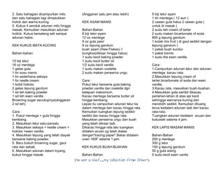 I’m Not a Chef……My Collection from Others
2. Satu bahagian dicampurkan milo
dan satu bahagian lagi dimasukkan
holick dan warna kuning.
5. Kukus 4 senduk adunan milo hingga
masak. Kemudian masukkan adunan
hoilick. Kukus berselang seli sampai
adunan habis.
KEK KUKUS MATA KUCING
Bahan-bahan:
10 biji telur
16 oz mentega
1 gelas gula
1 tin susu manis
1 tin sederhana sekaya
1 tin nestle cream
1 botol holicks
2 gelas tepung gandum
1 sd teh baking powder
1 sd teh esen vanilla
Browning sugar secukupnya(anggaran
2 sd teh)
Cara :
1. Pukul mentega + gula hingga
kembang.
2. Masukkan telur satu-persatu
3. Masukkan sekaya + nestle cream +
holicks +esen vanilla.
4. Masukkan tepung yang telah diayak
bersama baking powder.
5. Baru bubuh browning sugar, gaul
rata dan sebati.
6. Masukkan adunan dalam loyang,
kukus hingga masak.
(Anggaran satu jam atau lebih)
KEK ASAM MANIS
Bahan-Bahan
8 biji telor ayam
12 oz mentega
9 oz gula pasir
9 oz tepung gandum
buah asam (Haw Flakes) 1
bungkus(dikisar hingga halus)
1 sudu kecil baking powder
1 sudu kecil butter oil
1/2 sudu kecil vanilla
1 sudu makan ovelette
2 sudu makan perwarna ungu.
Cara :
Pukul telur bersama gula,baking
powder,vanilla dan ovelette dgn
kelajuan maksimum.
Kacau mentega bersama butter oil
hingga kembang.
Lepas itu campurkan adunan telur ke
dalam mentega dan kacau hingga rata.
Kemudian tuangkan tepung sedikit-
sedikit dan kacau hingga rata.
Masukkan perwarna ungu dan buah
yang telah dikisar tadi.
Dikacau hingga rata lalu tuangkan
didalam acuan yg telah dialas
dengan"tracing paper".Bakar didalam
oven 160F selama 1 jam
KEK KUKUS BUAH-BUAHAN
Bahan-Bahan
5 biji telur ayam
1 tin mentega ( 12 aun )
2 cawan gula halus 2 cawan gula (
untuk di masak )
2 sudu teh cream of tarter
2 sudu makan bicarbonate of soda
800 g tepung gandum
1 kotak mix fruit ( di gaul sedikit dengan
tepung gandum )
1 paket buah kundur
1 paket kismis
1 sudu the esen vanilla
Cara :
1.Campurkan adunan telur dan adunan
mentega ,kacau rata.
2.Masukkan tepung,cream of
tartar,bicarbonate of soda dan esen
vanilla.
3.Kacau rata, masukkan buah-buahan.
4.Masukkan gula sambil dikacau
perlahan-lahan di atas api kecil
sehingga warnanya kuning dan
mendidih sedikit. Kemudian dituang
terus kedalam adunan tadi dan kacau
rata-rata.
Tuangkan adunan kedalam acuan dan
kukuslah selama 4 jam.
KEK LAPIS MASAM MANIS
Bahan-Bahan
200 g mentega
300 g telur
150 g tepung gandum
50 g gula aising
5 sudu kecil esen vanila
 