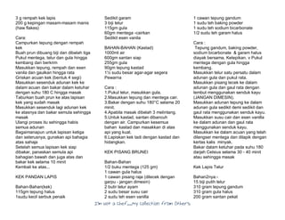 I’m Not a Chef……My Collection from Others
3 g rempah kek lapis
200 g kepingan masam-masam manis
(haw flakes)
Cara:
Campurkan tepung dengan rempah
kek
Buah prun dibuang biji dan dibelah tiga
Pukul mentega, telur dan gula hingga
kembang dan berkrim
Masukkan tepung, rempah dan esen
vanila dan gaulkan hingga rata
Griskan acuan kek (bentuk 4 segi)
Masukkan sesenduk adunan kek ke
dalam acuan dan bakar dalam ketuhar
dengan suhu 180 C hingga masak
Taburkan buah prun ke atas lapisan
kek yang sudah masak
Masukkan sesenduk lagi adunan kek
ke atasnya dan bakar semula sehingga
masak
Ulangi proses itu sehingga habis
semua adunan
Bagaimanapun untuk lapisan ketiga
dan seterusnya, gunakan api bahagia
atas sahaja
Setelah semua lapisan kek siap
dibakar, panaskan semula api
bahagian bawah dan juga atas dan
bakar kek selama 10 minit
Kembali ke atas...
KEK PANDAN LAPIS
Bahan-Bahan(kek)
115gm tepung halus
1sudu kecil serbuk penaik
Sedikit garam
3 biji telur
115gm gula
60gm mentega -cairkan
Sedikit esen vanila
BAHAN-BAHAN (Kastad)
1000ml air
600gm santan siap
255gm gula
90gm tepung kastad
1½ sudu besar agar-agar segera
Pewarna
Cara :
1.Pukul telur, masukkan gula.
2.Masukkan tepung dan mentega cair.
3.Bakar dengan suhu 180°C selama 20
minit.
4.Apabila masak dibelah 3 melintang.
5.Untuk kastad, santan dibancuh
dengan air. Campurkan kesemua
bahan kastad dan masakkan di atas
api yang kuat.
6.Lapiskan kek tadi dengan kastad dan
hidangkan.
KEK PISANG BRUNEI
Bahan-Bahan
1/2 buku mentega (125 gm)
1 cawan gula halus
1 cawan pisang raja (dilecek dengan
garpu - jangan dimesin)
2 butir telur ayam
2 sudu besar susu cair
2 sudu teh esen vanilla
1 cawan tepung gandum
1 sudu teh baking powder
1 sudu teh sodium bicarbonate
1/2 sudu teh garam halus
Cara :
Tepung gandum, baking powder,
sodium bicarbonate & garam halus
diayak bersama. Ketepikan. v Pukul
mentega dengan gula hingga
kembang.
Masukkan telur satu persatu dalam
adunan gula dan pukul rata.
Masukkan pisang lecek ke dalam
adunan gula dan gaul rata dengan
lembut menggunakan senduk kayu
(JANGAN DIMESIN).
Masukkan adunan tepung ke dalam
adunan gula sedikit demi sedikit dan
gaul rata menggunakan senduk kayu.
Masukkan susu cair dan esen vanilla
ke dalam adunan dan gaul rata
menggunakan senduk kayu.
Masukkan ke dalam acuan yang telah
dilengser mentega dan dilapik dengan
kertas kalis minyak.
Bakar dalam ketuhar pada suhu 180
darjah Celsius selama 30 - 40 minit
atau sehingga masak
Kek Lapis Telur
Bahan2nya:-
15 biji putih telur
310 gram tepung gandum
310 gram gula halus
200 gram santan pekat
 