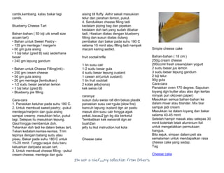 I’m Not a Chef……My Collection from Others
cantik,kembang. kalau bakar lagi
cantik.
Blueberry Cheese Tart
Bahan-bahan ( 50 biji utk small size
acuan tart)
• Bahan untuk Sweet Pastry:-
• 125 gm mentega / margerin
• 60 gm gula aising
• 1 biji telur (gred B) saiz sederhana
besar
• 240 gm tepung gandum
• Bahan untuk Cheese Filling(inti):-
• 250 gm cream cheese
• 50 gm gula aising
• 20 gm mentega (lembutkan)
• 1/2 sudu besar perahan lemon
• 1 biji telur (gred B)
• Blueberry pie filling
Cara-cara
1. Panaskan ketuhar pada suhu 180 C.
2. Untuk membuat sweet pastry: -pukul
mentega/marjerin dan gula aising
sampai creamy. masukkan telur, pukul
lagi. Selepas itu masukkan tepung.
Gaul hingga membentuk doh.
Tekankan doh tadi ke dalam bekas tart.
Tekan kedalam kemas-kemas. Trim
tepinya dengan batang sudu atau
pisau. Bakar pada suhu 180 C untuk
15-20 minit. Tunggu sejuk dulu baru
keluarkan daripada acuan tart.
3. Untuk membuat cheese filling: -pukul
cream cheese, mentega dan gula
aising till fluffy. Akhir sekali masukkan
telur dan perahan lemon, pukul.
4. Sendukkan cheese filling tadi
kedalam piping bag dan pipekan
kedalam doh tart yang sudah dibakar
tadi. Hiaskan diatas dengan blueberry
filling dan susun diatas dulang
pembakar dan bakar pada suhu 180 C
selama 10 minit atau filling tadi nampak
macam kering sedikit.
fruit coctail trifle
1 tin susu cair
1-2 sudu besar gula
4 sudu besar tepung custard
1 cawan air(untuk custard)
1 tin fruit cocktail
2 kotak jelly(nona)
kek swiss roll
caranya:
susun dulu swiss roll dlm bekas plastik
panaskan susu cair+gula (slow fire)
bancuh tepung custard dgn air pastu
masuk dlm susu cair hingga agak
pekat..kacau2 jgn bg dia berketul
*lembabkan kek swissroll dgn air
buah2an
jelly tu ikut instruction kat kota
Cheese cake
Simple cheese cake
Bahan-bahan ( 18 cm )
250g cream cheese
200cc/ml fresh cream/plain yogurt
2 sudu besar jus lemon
3 sudu besar tepung gandum
2 biji telur
90g gula
Cara-cara
Panaskan oven 170 degree. Sapukan
loyang dgn butter atau alas dgn kertas
minyak pun ok(oven paper)
Masukkan semua bahan-bahan ke
dalam mixer atau blander. Mix biar
sampai jadi cream
Masukkan ke dalam loyang dan bakar
selama 40-45 minit
Setelah hampir masak atau selepas 30
minit bolehlah letak aluminium foil
untuk mengelakkan permukaan
hangus.
Bila sejuk, simpan dalam peti ais
semalaman untuk mendapatkan rasa
cheese cake yang sedap.
Tag
Cheese cake
 