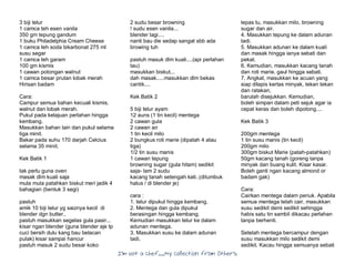 I’m Not a Chef……My Collection from Others
3 biji telur
1 camca teh esen vanila
350 gm tepung gandum
1 buku Philadelphia Cream Cheese
1 camca teh soda bikarbonat 275 ml
susu segar
1 camca teh garam
100 gm kismis
1 cawan potongan walnut
1 camca besar prutan lobak merah
Hirisan badam
Cara:
Campur semua bahan kecuali kismis,
walnut dan lobak merah.
Pukul pada kelajuan perlahan hingga
kembang.
Masukkan bahan lain dan pukul selama
tiga minit.
Bakar pada suhu 170 darjah Celcius
selama 35 minit.
Kek Batik 1
tak perlu guna oven
masak dlm kuali saja
mula mula patahkan biskut meri jadik 4
bahagian (bentuk 3 segi)
pastuh
amik 10 biji telur yg saiznya kecil di
blender dgn butter..
pastuh masukkan segelas gula pasir...
kisar ngan blender (guna blender aje tp
cuci bersih dulu kang bau belacan
pulak) kisar sampai hancur
pastuh masuk 2 sudu besar koko
2 sudu besar browning
! sudu esen vanila...
blender lagi....
nanti bau die sedap sangat sbb ada
browing tuh
pastuh masuk dlm kuali....(api perlahan
tau)
masukkan biskut...
dah masak.....masukkan dlm bekas
cantik....
Kek Batik 2
5 biji telur ayam
12 auns (1 tin kecil) mentega
2 cawan gula
2 cawan air
1 tin kecil milo
2 bungkus roti marie (dipatah 4 atau
tiga)
1/2 tin susu manis
1 cawan tepung
browning sugar (gula hitam) sedikit
saja- lam 2 sudu
kacang tanah setengah kati..(ditumbuk
halus / di blender je)
cara :
1. telur dipukul hingga kembang.
2. Mentega dan gula dipukul
berasingan hingga kembang.
Kemudian masukkan telur ke dalam
adunan mentega.
3. Masukkan susu ke dalam adunan
tadi,
lepas tu, masukkan milo, browning
sugar dan air.
4. Masukkan tepung ke dalam adunan
tadi.
5. Masukkan adunan ke dalam kuali
dan masak hingga ianya sebati dan
pekat.
6. Kemudian, masukkan kacang tanah
dan roti marie, gaul hingga sebati.
7. Angkat, masukkan ke acuan yang
siap dilapis kertas minyak, tekan tekan
dan ratakan,
barulah disejukkan. Kemudian,
boleh simpan dalam peti sejuk agar ia
cepat keras dan boleh dipotong....
Kek Batik 3
200gm mentega
1 tin susu manis (tin kecil)
200gm milo
300gm biskut Marie (patah-patahkan)
50gm kacang tanah (goreng tanpa
minyak dan buang kulit. Kisar kasar.
Boleh ganti ngan kacang almond or
badam gak)
Cara:
Cairkan mentega dalam periuk. Apabila
semua mentega telah cair, masukkan
susu sedikit demi sedikit sehingga
habis satu tin sambil dikacau perlahan
tanpa berhenti.
Setelah mentega bercampur dengan
susu masukkan milo sedikit demi
sedikit. Kacau hingga semuanya sebati
 