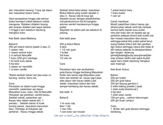 I’m Not a Chef……My Collection from Others
dan masukkan kacang. Tutup api dapur
dan masukkan biskut marie.
Gaul secepatnya hingga rata semua
biskut bersalut coklat sebelum coklat
mengeras. Ratakan didalam loyang
dan simpan didalam peti sejuk selama
1 hingga 2 jam sebelum dipotong
mengikut suka.
Kek Batik Jawa Maklang
Bahan2:
450 gm biskut marrie (patah 2 atau 3)
1 cawan milo
1 cawan serbuk koko
2 ct serbuk Nescaffe
1 buku (250 gm) mentega
1 tin kecil susu pekat
4 biji telur
3 cawan air mendidih
1 ct esen vanilla
*Boleh tambah bahan lain jika suka i.e:
kacang, raisins, berry etc.
Cara:
Panaskan air dalam kuali hingga
mendidih, padamkan api dapur.
Masukkan susu, koko, milo & Nescaffe.
Hidupkan api perlahan, sambil kacau.
Setelah sebati, padamkan api.
Kacau telur dalam bekas lain, 1
persatu. Setelah bahan di kuali
kurang panas, masukkan bancuhan
telur, mentega, & hidupkan api
perlahan. Kacau hingga sebati.
Setelah betul-betul pekat, masukkan
Biskut Marrie yang sudah dipatah 2
atau 3. Kacau rata & tutup api.
Alaskan acuan dengan plastik/kertas
minyak/aluminium foil & tuangkan
adunan sambil menekannya hingga
padat.
Sejukkan ke dalam peti ais sebelum di
potong.
Kek batik jawa
400 g biskut Marie
4 telur
1 1/2 cwn gula
1 butter
3/4 koko
1/2 cwn air
Cara
Pecahkan telur dan tambahkan
gula.Kacau hingga kembang.Masukkan
butter dan kacau lagi.Masukkan pula
koko dan tambah air, kacau lagi.Letas
atas dapur dan kacau selalu.Last
sekali, masukkan biskut dan biar
sampai kembang dan kacau sebati.
kek batik 4
Bahan2
1 tin susu cap
telur 1 biji
1 cwn milo
1 cwn koko van houtan
1 paket biskut mary
1 buku butter
1 cwn air
Cara2 membuat:
Mula2 patah2kan biskut marey.Jgn
dihancurkan sebab nanti tak nampak
bentuk batik.masak susu,butter,
milo,dan koko dan air keatas api yg
perlahan.selepas bhan2 tadi sudah cair
dan masak,masukkan telur.kacau
sehingga pekat.bila sudah pekat terus
tuang keatas biskut tadi dan gaulkan
dgn biskut sehingga mesra,dan letak di
dlm bekas.selepas itu,tekapkan/tekan
dgn tangan disarung
[email]plastik@sudip.sesu[/email]dah
siap simpan kedlm peti sejuk.Sudah
sejuk baru boleh dipotong mengikut
saiz masing2.
Kek Buah Kukus
Bahan:
200 gm butter
200 gm gula halus
300 gm tepung gandum ]
2 s/teh baking powder ] ayak
1 s/teh soda bikarbonat ]
3 biji telur
1 s/teh esen vanila
100 gm gula....cairkan kekuningan
250 gm buah campur
Cara:
1. Butter dan gula dipukul sehingga
kembang.
 