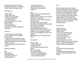 I’m Not a Chef……My Collection from Others
ditapis bersama soda & baking.
Kemudian masukkan susu segar &
minyak. Bakar sehingga masak.
Kek Pisang 6
114gm butter
125gm gula castor
132 tepung kek/superfine
1/2 st soda bikarbonat
1 st baking powder
Esen pisang atau esen vanilla
Secubit garam
3 biji kuning telur
3 biji pisang (lenyek)
3 biji putih telur (pukul hingga jadi
meringue)
Caranya:
1. Putar gula dan butter hingga
kembang. Masukkan kuning telur.
Kacau sebati.
2. Masukkan pisang lenyek & kacau.
3. Masukkan tepung dan kacau rata.
Masukkan putih telur secara kaup balik.
Jangan kuat-kuat.
4. Tuangkan dalam acuan dan sedia
dibakar.
Banana Tea Bread
Bhn
100g majerin
200g gula kastor
3 biji pisang } dilenyek
100ml putih telur
1st soda bikarbonat }
1st baking powder } ayak
375gm tepung serbaguna }
235ml air
Cara
Majerin dan gula hendaklah dipukul
hingga kembang.
Setelah adunan jadi gebu dan menjadi
warna putih, masukkan
Putih telur, air dan pisang berselang
seli. Kacau lagi
Sehingga semua bahan sebati.
Kemudian, masukkan bahan yg diayak
tadi sedikit demi sedikit
Untuk mengelakkan dari
berketul.Kacau lagi perlahan2.
Masukkan dlm acuan yg disukai dan
pastikan acuan disapukan dengan
minyak Utk mengelakkan adunan dari
melekat.
Bakar pada suhu 180 selama 30-40
minit.
kek pisang 7
250 gm butter
1 cawan gula castor
3 biji telur Gred A
6-7 biji Pisang (yg telah ranum) -
dikisar
60 ml susu segar
100 ml plain yoghurt
1 3/4 cawan tepung gandum
1 sudu teh soda bicarbonate
1 sudu teh baking powder
Cara
Butter dengan gula diputar hingga
kembang. Masukkan telur satu persatu.
Kemudian masukkan pisang yang telah
dikisar halus tadi. Masukkan yoghurt
dan putar lagi perlahan-lahan. Kaup
balikkan tepung, soda dengan baking
powder (yg telah diayak bersama
terlebih dahulu) dan diselang selikan
dengan susu segar tadi. Bakar selama
60 minit pada suhu 180'c atau
sehingga masak.
kek pisang 8
227gm marjerin
250gm gula kastor
263gm tepung
1 sudu kecil soda bikarbonat
2 sudu kecil serbuk penaik
1/8 sudu kecil garam
1/2sudu kecil esen pisang
5 biji kuning telur
5 biji pisang emas (dlm 300-
400gm)..make sure guna yg dh masak
ranum...yg kulit dh kehitaman tu k!
5 biji putih telur(buat meringue)
cara:
pukul marjerin dan gula sampai
kemabg
masukkan telur kuning sebiji demi
sebiji,pukul berselangseli dgn esen
pisang
 