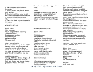 I’m Not a Chef……My Collection from Others
1. Pukul mentega dan gula hingga
kembang..
2. Masukkan telur satu persatu..sambil
pukul adunan..
3. Masukkan seri kaya, susu, horlick,
emulco, black treackle dan biskut Marie
4. Masukkan biskut butang..kacau
rata..
5. Kukus dlm bekas (digris) 8x8 selama
1 1/4 jam..
KEK LAPIS MELATI
Bahan-bahan
16 oz mentega
4 sudu teh gula hitam ( browning)
2 gelas gula halus
3 gelas tepung gandum
10 biji telur ayam
2 kotak red dates
1 tin susu manis
cara i ( adunan hitam)
buah dates dikisar sampai halus. 1/2 tin
mentega dipukul dengan 1 gelas gula.
masukkan kuning telur dan pukul
sebati. masukkan 1/2 tin susu, buah
red dates, segelas tepung gandum dan
gula hitam (browning). Gaul rata rata.
cara ii (adunan putih)
mentega 1/2 tin tadi dipukul dengan 1/2
tin susu sampai kembang dan putih.
Putih telur dipukul juga dengan 1 gelas
gula sampai hancur dan sebati.
kemudian masukkan tepung gandum 2
gelas.
cara iii
masukkan 1 cawan adunan hitam ke
dalam loyang yang dah dilapik dan
kukus hingga masak. lepas tu
masukkan 1 cawan adunan putih dan
kukus. selang seli kan adunan hingga
habis
KEK KISMIS BERMALAM
Bahan-bahan
10 biji telur ayam
600 gm kismis
1 packet or kotak mixed fruit
1 packet or kotak buah bidara (red
dates)
1 packet manisan kundur
1 packet buah cherry
1 kati gula halus
600gm tepung gandum
1 tin mentega (16oz)
1 sudu besar baking powder
sedikit assence vannila
sedikit pewarna kuning
Cara membuatnya
1.Pukul mentega sampai kembang
2.masukkan putih telur yang telah
dipukul berasingan
3.kemudian masukkan kuning telur
yang telah di pukul berasingan
4.Gaulkan buah-buahan yang telah
dihiris halus dengan sedikit tepung dan
baking powder
5.masukkan susu dan buah-buahan ke
dalam adunan
6.akhir sekali masukkan lebihan tepung
dan baking powder.
7.masukkan essen vanilla dan sedikit
pewarna kuning
8.Gaul rata mengunakan senduk.
Masukkan ke dalam acuan yang telah
dialas dengan kertas minyak.
9.Biarkan ia semalaman ( 8-7 hours)
pada suhu bilik
10.Bakar dengan api sederhana
sehingga masak
11.semasa membakar, permukaan
atas kek hendaklah di tekan dengan
sedikit butter untuk mengelakkan ia
merekah.
KEK JELLY LAYERED & COATING
JELLY LAYERED CAKE
250gm Butter
220gm Sugar (Halus)
450gm Tepung Naik Sendiri }
20gm Cocoa Powder } Ayak
bersama
secubit garam }
6 Egg
1sp Vanilla essence
FILLING
1pek - agar agar
 