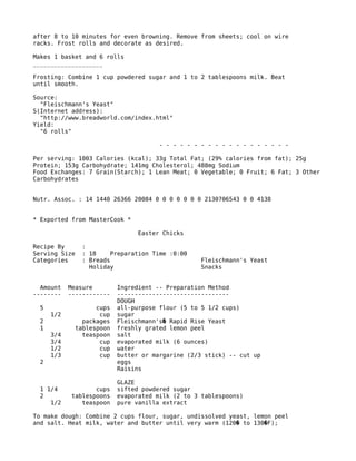 after 8 to 10 minutes for even browning. Remove from sheets; cool on wire
racks. Frost rolls and decorate as desired.
Makes 1 basket and 6 rolls
____________________
Frosting: Combine 1 cup powdered sugar and 1 to 2 tablespoons milk. Beat
until smooth.
Source:
"Fleischmann's Yeast"
S(Internet address):
"http://www.breadworld.com/index.html"
Yield:
"6 rolls"
- - - - - - - - - - - - - - - - - - -
Per serving: 1003 Calories (kcal); 33g Total Fat; (29% calories from fat); 25g
Protein; 153g Carbohydrate; 141mg Cholesterol; 488mg Sodium
Food Exchanges: 7 Grain(Starch); 1 Lean Meat; 0 Vegetable; 0 Fruit; 6 Fat; 3 Other
Carbohydrates
Nutr. Assoc. : 14 1440 26366 20084 0 0 0 0 0 0 0 2130706543 0 0 4138
* Exported from MasterCook *
Easter Chicks
Recipe By :
Serving Size : 18 Preparation Time :0:00
Categories : Breads Fleischmann's Yeast
Holiday Snacks
Amount Measure Ingredient -- Preparation Method
-------- ------------ --------------------------------
DOUGH
5 cups all-purpose flour (5 to 5 1/2 cups)
1/2 cup sugar
2 packages Fleischmann's Rapid Rise Yeast�
1 tablespoon freshly grated lemon peel
3/4 teaspoon salt
3/4 cup evaporated milk (6 ounces)
1/2 cup water
1/3 cup butter or margarine (2/3 stick) -- cut up
2 eggs
Raisins
GLAZE
1 1/4 cups sifted powdered sugar
2 tablespoons evaporated milk (2 to 3 tablespoons)
1/2 teaspoon pure vanilla extract
To make dough: Combine 2 cups flour, sugar, undissolved yeast, lemon peel
and salt. Heat milk, water and butter until very warm (120 to 130 F);� �
 