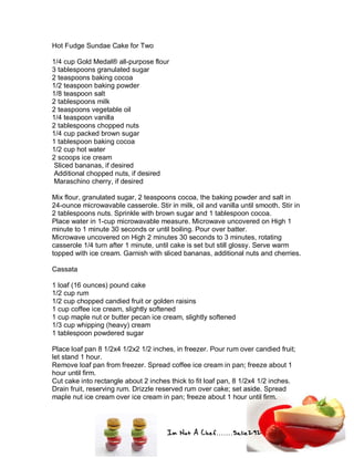 Im Not A Chef.......Salie292
Hot Fudge Sundae Cake for Two
1/4 cup Gold Medal® all-purpose flour
3 tablespoons granulated sugar
2 teaspoons baking cocoa
1/2 teaspoon baking powder
1/8 teaspoon salt
2 tablespoons milk
2 teaspoons vegetable oil
1/4 teaspoon vanilla
2 tablespoons chopped nuts
1/4 cup packed brown sugar
1 tablespoon baking cocoa
1/2 cup hot water
2 scoops ice cream
Sliced bananas, if desired
Additional chopped nuts, if desired
Maraschino cherry, if desired
Mix flour, granulated sugar, 2 teaspoons cocoa, the baking powder and salt in
24-ounce microwavable casserole. Stir in milk, oil and vanilla until smooth. Stir in
2 tablespoons nuts. Sprinkle with brown sugar and 1 tablespoon cocoa.
Place water in 1-cup microwavable measure. Microwave uncovered on High 1
minute to 1 minute 30 seconds or until boiling. Pour over batter.
Microwave uncovered on High 2 minutes 30 seconds to 3 minutes, rotating
casserole 1/4 turn after 1 minute, until cake is set but still glossy. Serve warm
topped with ice cream. Garnish with sliced bananas, additional nuts and cherries.
Cassata
1 loaf (16 ounces) pound cake
1/2 cup rum
1/2 cup chopped candied fruit or golden raisins
1 cup coffee ice cream, slightly softened
1 cup maple nut or butter pecan ice cream, slightly softened
1/3 cup whipping (heavy) cream
1 tablespoon powdered sugar
Place loaf pan 8 1/2x4 1/2x2 1/2 inches, in freezer. Pour rum over candied fruit;
let stand 1 hour.
Remove loaf pan from freezer. Spread coffee ice cream in pan; freeze about 1
hour until firm.
Cut cake into rectangle about 2 inches thick to fit loaf pan, 8 1/2x4 1/2 inches.
Drain fruit, reserving rum. Drizzle reserved rum over cake; set aside. Spread
maple nut ice cream over ice cream in pan; freeze about 1 hour until firm.
 
