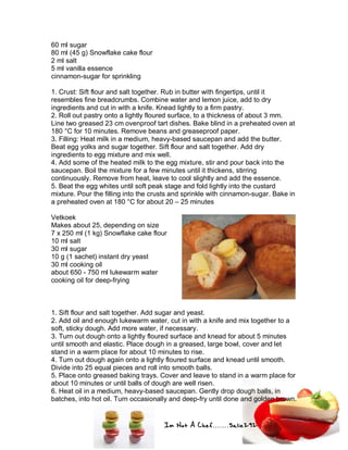 Im Not A Chef.......Salie292
60 ml sugar
80 ml (45 g) Snowflake cake flour
2 ml salt
5 ml vanilla essence
cinnamon-sugar for sprinkling
1. Crust: Sift flour and salt together. Rub in butter with fingertips, until it
resembles fine breadcrumbs. Combine water and lemon juice, add to dry
ingredients and cut in with a knife. Knead lightly to a firm pastry.
2. Roll out pastry onto a lightly floured surface, to a thickness of about 3 mm.
Line two greased 23 cm ovenproof tart dishes. Bake blind in a preheated oven at
180 °C for 10 minutes. Remove beans and greaseproof paper.
3. Filling: Heat milk in a medium, heavy-based saucepan and add the butter.
Beat egg yolks and sugar together. Sift flour and salt together. Add dry
ingredients to egg mixture and mix well.
4. Add some of the heated milk to the egg mixture, stir and pour back into the
saucepan. Boil the mixture for a few minutes until it thickens, stirring
continuously. Remove from heat, leave to cool slightly and add the essence.
5. Beat the egg whites until soft peak stage and fold lightly into the custard
mixture. Pour the filling into the crusts and sprinkle with cinnamon-sugar. Bake in
a preheated oven at 180 °C for about 20 – 25 minutes
Vetkoek
Makes about 25, depending on size
7 x 250 ml (1 kg) Snowflake cake flour
10 ml salt
30 ml sugar
10 g (1 sachet) instant dry yeast
30 ml cooking oil
about 650 - 750 ml lukewarm water
cooking oil for deep-frying
1. Sift flour and salt together. Add sugar and yeast.
2. Add oil and enough lukewarm water, cut in with a knife and mix together to a
soft, sticky dough. Add more water, if necessary.
3. Turn out dough onto a lightly floured surface and knead for about 5 minutes
until smooth and elastic. Place dough in a greased, large bowl, cover and let
stand in a warm place for about 10 minutes to rise.
4. Turn out dough again onto a lightly floured surface and knead until smooth.
Divide into 25 equal pieces and roll into smooth balls.
5. Place onto greased baking trays. Cover and leave to stand in a warm place for
about 10 minutes or until balls of dough are well risen.
6. Heat oil in a medium, heavy-based saucepan. Gently drop dough balls, in
batches, into hot oil. Turn occasionally and deep-fry until done and golden brown.
 