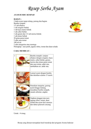 Resep yang dimuat merupakan hasil transkrip dari program Aroma Indosiar
AYAM BUMBU REMPAH
BAHAN :
2 dada ayam tanpa tulang, potong dua bagian
Bumbu rempah :
1/2 sdt allspice
1 sdt oregano bubuk
1 sdt kayu manis bubuk
1 sdt cabai bubuk
1 sdt garam dan 1/2 sdt merica bubuk
1 sdt jintan bubuk
50 gram pasta tomat
5 sdm saus tomat
100 ml air
2 sdm margarine atau mentega
Pelengkap : nasi putih, jagune rebus, tomat dan daun selada
CARA MEMBUAT :
1 Bumbu rempah: campur
allspice dengan oregano, kayu
manis, cabai bubuk, garam,
merica dan jintan pasta tomat
dan saus tomat, aduk rata,
tambahkan air, aduk rata.
2 Lumuri ayam dengan bumbu
dan daimkan selama 15 menit.
Panaskan margrine, goreng
ayam hingga matang,
masukkan bumbu rempah,
masak sebentar, angkat.
3 Siapkan pinggan tata nasi,
jagung rebus, tomat, daun
selada dan ayam beri sausnya
dan taburi peterseli cincang.
Untuk : 4 orang
 