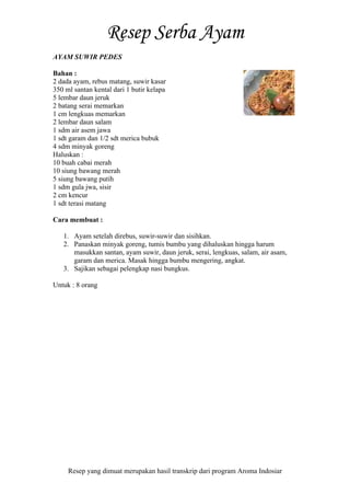 Resep yang dimuat merupakan hasil transkrip dari program Aroma Indosiar
AYAM SUWIR PEDES
Bahan :
2 dada ayam, rebus matang, suwir kasar
350 ml santan kental dari 1 butir kelapa
5 lembar daun jeruk
2 batang serai memarkan
1 cm lengkuas memarkan
2 lembar daun salam
1 sdm air asem jawa
1 sdt garam dan 1/2 sdt merica bubuk
4 sdm minyak goreng
Haluskan :
10 buah cabai merah
10 siung bawang merah
5 siung bawang putih
1 sdm gula jwa, sisir
2 cm kencur
1 sdt terasi matang
Cara membuat :
1. Ayam setelah direbus, suwir-suwir dan sisihkan.
2. Panaskan minyak goreng, tumis bumbu yang dihaluskan hingga harum
masukkan santan, ayam suwir, daun jeruk, serai, lengkuas, salam, air asam,
garam dan merica. Masak hingga bumbu mengering, angkat.
3. Sajikan sebagai pelengkap nasi bungkus.
Untuk : 8 orang
 