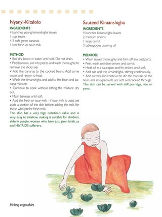 34
Nyanyi-Kitalolo
Ingredients
4 bunches young kimanshigha leaves
1 cup beans
4-5 soft green bananas
1 liter fresh or sour milk
Method
• Boil dry beans in water until soft. Do not drain.
• Peel bananas, cut into pieces and wash thoroughly to
remove the sticky sap.
• Add the bananas to the cooked beans. Add some
water and return to heat.
• Wash the kimanshigha and add to the bean and ba-
nana mixture.
• Continue to cook without letting the mixture dry
out.
• Mash bananas until soft.
• Add the fresh or sour milk - if sour milk is used, set
aside a portion of the dish before adding the milk for
those who prefer fresh milk.
This dish has a very high nutritious value and is
very easy to swallow, making it suitable for children,
elderly people, women who have just given birth, as
and HIV/AIDS sufferers.
Sauteed Kimanshigha
Ingredients
4 bunches kimanshigha leaves
2 medium onions
1 large carrot
3 tablespoons cooking oil
Medhod:
• Wash leaves thoroughly and trim off any bad parts.
• Peel, wash and dice onions and carrot.
• Heat oil in a saucepan and fry onions until soft.
• Add salt and the kimanshigha, stirring continuously.
• Add carrots and continue to stir the mixture on the
heat until all ingredients are soft and cooked through.
This dish can be served with stiff porridge, rice or
yams.
Picking vegetables
 