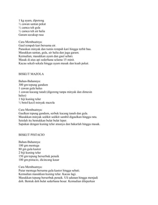 1 kg ayam, dipotong
½ cawan santan pekat
½ camca teh gula
½ camca teh air halia
Garam secukup rasa
Cara Membuatnya:
Gaul rempah kari bersama air.
Panaskan minyak dan tumis rempah kari hingga terbit bau.
Masukkan santan, gula, air halia dan juga garam.
Kemudian, masukkan ayam dan gaul sebati.
Masak di atas api sederhana selama 15 minit.
Kacau sekali-sekala hingga ayam masak dan kuah pekat.
BISKUT MAZOLA
Bahan-Bahannya:
300 gm tepung gandum
1 cawan gula halus
1 cawan kacang tanah (digoreng tanpa minyak dan dimesin
halus)
1 biji kuning telur
½ botol kecil minyak mazola
Cara Membuatnya:
Gaulkan tepung gandum, serbuk kacang tanah dan gula.
Masukkan minyak sedikit sedikit sambil digaulkan hingga rata.
Setelah itu bentukkan bulat bulat leper.
Sapukan dengan kuning telur atasnya dan bakarlah hingga masak.
BISKUT PISTACIO
Bahan-Bahannya:
100 gm mentega
80 gm gula kastor
2 biji kuning telur
150 gm tepung berserbuk penaik
100 gm pistacio, dicincang kasar
Cara Membuatnya:
Putar mentega bersama gula kastor hingga sebati.
Kemudian masukkan kuning telur. Kacau lagi.
Masukkan tepung berserbuk penaik. Uli adunan hingga menjadi
doh. Bentuk doh bulat sederhana besar. Kemudian dileperkan
 