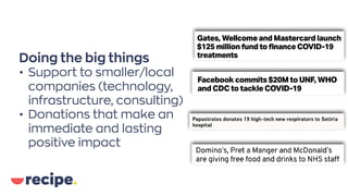 Doing the big things
• Support to smaller/local
companies (technology,
infrastructure, consulting)
• Donations that make an
immediate and lasting
positive impact
 