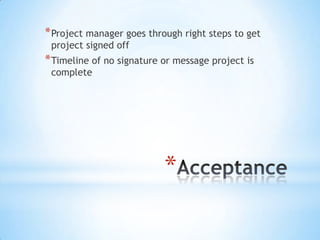 [object Object],Risk Mitigation Plan Other projects taking SME Availability Signed acceptance from other competing managers giving this project top priority. Compatibility Issues with databases Write interface for each database, and cache the data. Changes to project scope Obtain acceptance from stakeholders on change management, and then adhere to the change procedure. 