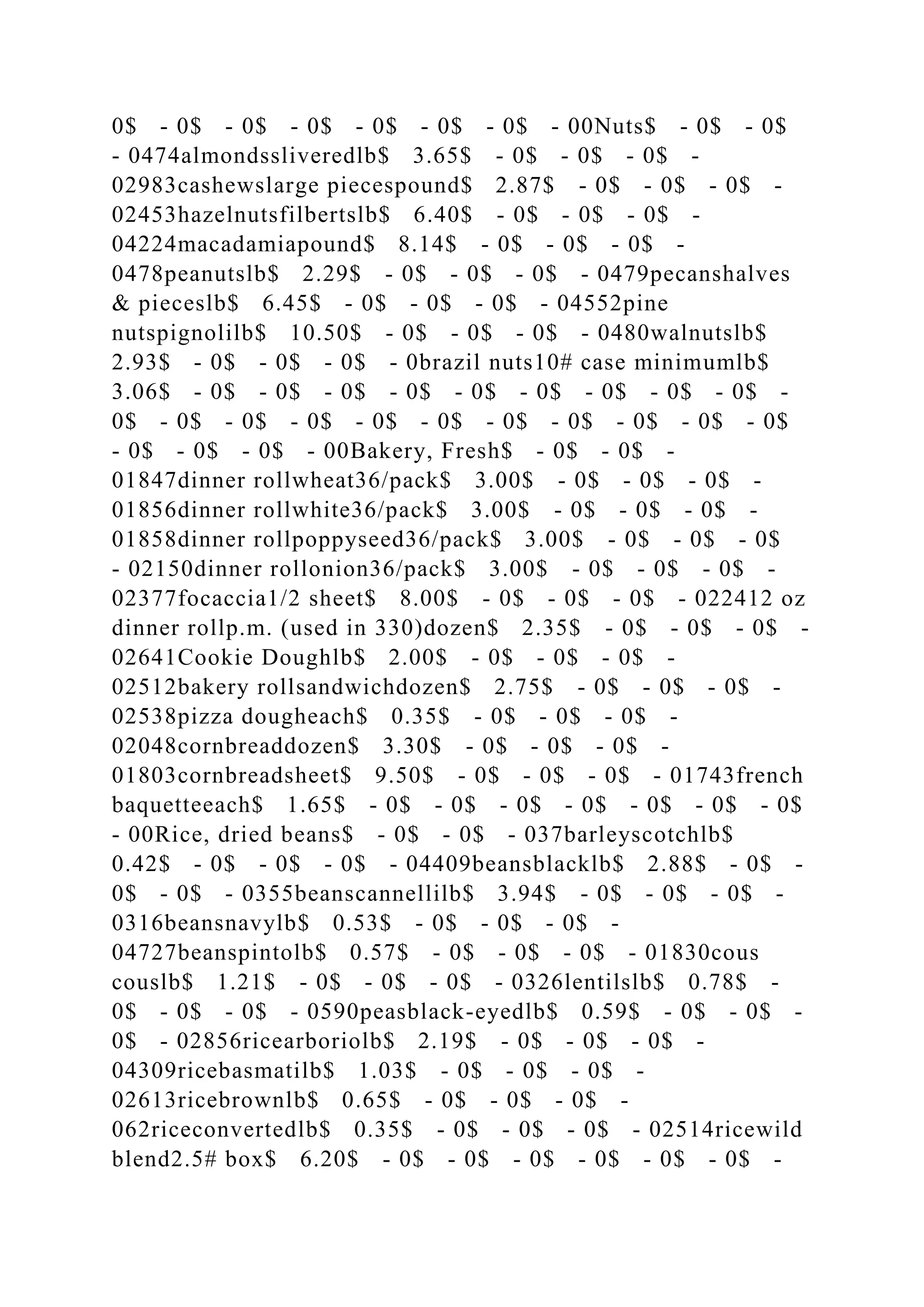 0$ - 0$ - 0$ - 0$ - 0$ - 0$ - 0$ - 00Nuts$ - 0$ - 0$
- 0474almondssliveredlb$ 3.65$ - 0$ - 0$ - 0$ -
02983cashewslarge piecespound$ 2.87$ - 0$ - 0$ - 0$ -
02453hazelnutsfilbertslb$ 6.40$ - 0$ - 0$ - 0$ -
04224macadamiapound$ 8.14$ - 0$ - 0$ - 0$ -
0478peanutslb$ 2.29$ - 0$ - 0$ - 0$ - 0479pecanshalves
& pieceslb$ 6.45$ - 0$ - 0$ - 0$ - 04552pine
nutspignolilb$ 10.50$ - 0$ - 0$ - 0$ - 0480walnutslb$
2.93$ - 0$ - 0$ - 0$ - 0brazil nuts10# case minimumlb$
3.06$ - 0$ - 0$ - 0$ - 0$ - 0$ - 0$ - 0$ - 0$ - 0$ -
0$ - 0$ - 0$ - 0$ - 0$ - 0$ - 0$ - 0$ - 0$ - 0$ - 0$
- 0$ - 0$ - 0$ - 00Bakery, Fresh$ - 0$ - 0$ -
01847dinner rollwheat36/pack$ 3.00$ - 0$ - 0$ - 0$ -
01856dinner rollwhite36/pack$ 3.00$ - 0$ - 0$ - 0$ -
01858dinner rollpoppyseed36/pack$ 3.00$ - 0$ - 0$ - 0$
- 02150dinner rollonion36/pack$ 3.00$ - 0$ - 0$ - 0$ -
02377focaccia1/2 sheet$ 8.00$ - 0$ - 0$ - 0$ - 022412 oz
dinner rollp.m. (used in 330)dozen$ 2.35$ - 0$ - 0$ - 0$ -
02641Cookie Doughlb$ 2.00$ - 0$ - 0$ - 0$ -
02512bakery rollsandwichdozen$ 2.75$ - 0$ - 0$ - 0$ -
02538pizza dougheach$ 0.35$ - 0$ - 0$ - 0$ -
02048cornbreaddozen$ 3.30$ - 0$ - 0$ - 0$ -
01803cornbreadsheet$ 9.50$ - 0$ - 0$ - 0$ - 01743french
baquetteeach$ 1.65$ - 0$ - 0$ - 0$ - 0$ - 0$ - 0$ - 0$
- 00Rice, dried beans$ - 0$ - 0$ - 037barleyscotchlb$
0.42$ - 0$ - 0$ - 0$ - 04409beansblacklb$ 2.88$ - 0$ -
0$ - 0$ - 0355beanscannellilb$ 3.94$ - 0$ - 0$ - 0$ -
0316beansnavylb$ 0.53$ - 0$ - 0$ - 0$ -
04727beanspintolb$ 0.57$ - 0$ - 0$ - 0$ - 01830cous
couslb$ 1.21$ - 0$ - 0$ - 0$ - 0326lentilslb$ 0.78$ -
0$ - 0$ - 0$ - 0590peasblack-eyedlb$ 0.59$ - 0$ - 0$ -
0$ - 02856ricearboriolb$ 2.19$ - 0$ - 0$ - 0$ -
04309ricebasmatilb$ 1.03$ - 0$ - 0$ - 0$ -
02613ricebrownlb$ 0.65$ - 0$ - 0$ - 0$ -
062riceconvertedlb$ 0.35$ - 0$ - 0$ - 0$ - 02514ricewild
blend2.5# box$ 6.20$ - 0$ - 0$ - 0$ - 0$ - 0$ - 0$ -
 