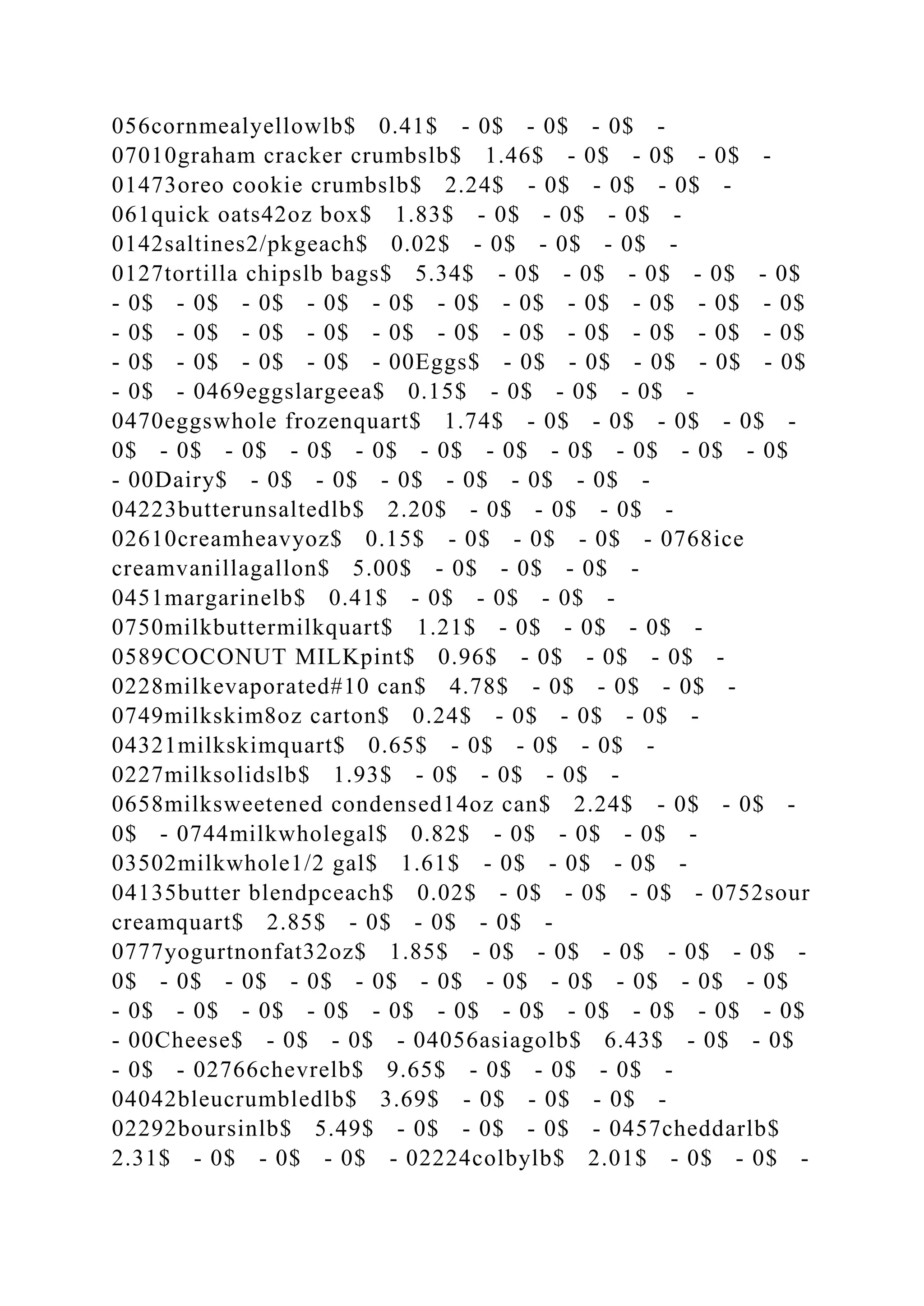 056cornmealyellowlb$ 0.41$ - 0$ - 0$ - 0$ -
07010graham cracker crumbslb$ 1.46$ - 0$ - 0$ - 0$ -
01473oreo cookie crumbslb$ 2.24$ - 0$ - 0$ - 0$ -
061quick oats42oz box$ 1.83$ - 0$ - 0$ - 0$ -
0142saltines2/pkgeach$ 0.02$ - 0$ - 0$ - 0$ -
0127tortilla chipslb bags$ 5.34$ - 0$ - 0$ - 0$ - 0$ - 0$
- 0$ - 0$ - 0$ - 0$ - 0$ - 0$ - 0$ - 0$ - 0$ - 0$ - 0$
- 0$ - 0$ - 0$ - 0$ - 0$ - 0$ - 0$ - 0$ - 0$ - 0$ - 0$
- 0$ - 0$ - 0$ - 0$ - 00Eggs$ - 0$ - 0$ - 0$ - 0$ - 0$
- 0$ - 0469eggslargeea$ 0.15$ - 0$ - 0$ - 0$ -
0470eggswhole frozenquart$ 1.74$ - 0$ - 0$ - 0$ - 0$ -
0$ - 0$ - 0$ - 0$ - 0$ - 0$ - 0$ - 0$ - 0$ - 0$ - 0$
- 00Dairy$ - 0$ - 0$ - 0$ - 0$ - 0$ - 0$ -
04223butterunsaltedlb$ 2.20$ - 0$ - 0$ - 0$ -
02610creamheavyoz$ 0.15$ - 0$ - 0$ - 0$ - 0768ice
creamvanillagallon$ 5.00$ - 0$ - 0$ - 0$ -
0451margarinelb$ 0.41$ - 0$ - 0$ - 0$ -
0750milkbuttermilkquart$ 1.21$ - 0$ - 0$ - 0$ -
0589COCONUT MILKpint$ 0.96$ - 0$ - 0$ - 0$ -
0228milkevaporated#10 can$ 4.78$ - 0$ - 0$ - 0$ -
0749milkskim8oz carton$ 0.24$ - 0$ - 0$ - 0$ -
04321milkskimquart$ 0.65$ - 0$ - 0$ - 0$ -
0227milksolidslb$ 1.93$ - 0$ - 0$ - 0$ -
0658milksweetened condensed14oz can$ 2.24$ - 0$ - 0$ -
0$ - 0744milkwholegal$ 0.82$ - 0$ - 0$ - 0$ -
03502milkwhole1/2 gal$ 1.61$ - 0$ - 0$ - 0$ -
04135butter blendpceach$ 0.02$ - 0$ - 0$ - 0$ - 0752sour
creamquart$ 2.85$ - 0$ - 0$ - 0$ -
0777yogurtnonfat32oz$ 1.85$ - 0$ - 0$ - 0$ - 0$ - 0$ -
0$ - 0$ - 0$ - 0$ - 0$ - 0$ - 0$ - 0$ - 0$ - 0$ - 0$
- 0$ - 0$ - 0$ - 0$ - 0$ - 0$ - 0$ - 0$ - 0$ - 0$ - 0$
- 00Cheese$ - 0$ - 0$ - 04056asiagolb$ 6.43$ - 0$ - 0$
- 0$ - 02766chevrelb$ 9.65$ - 0$ - 0$ - 0$ -
04042bleucrumbledlb$ 3.69$ - 0$ - 0$ - 0$ -
02292boursinlb$ 5.49$ - 0$ - 0$ - 0$ - 0457cheddarlb$
2.31$ - 0$ - 0$ - 0$ - 02224colbylb$ 2.01$ - 0$ - 0$ -
 