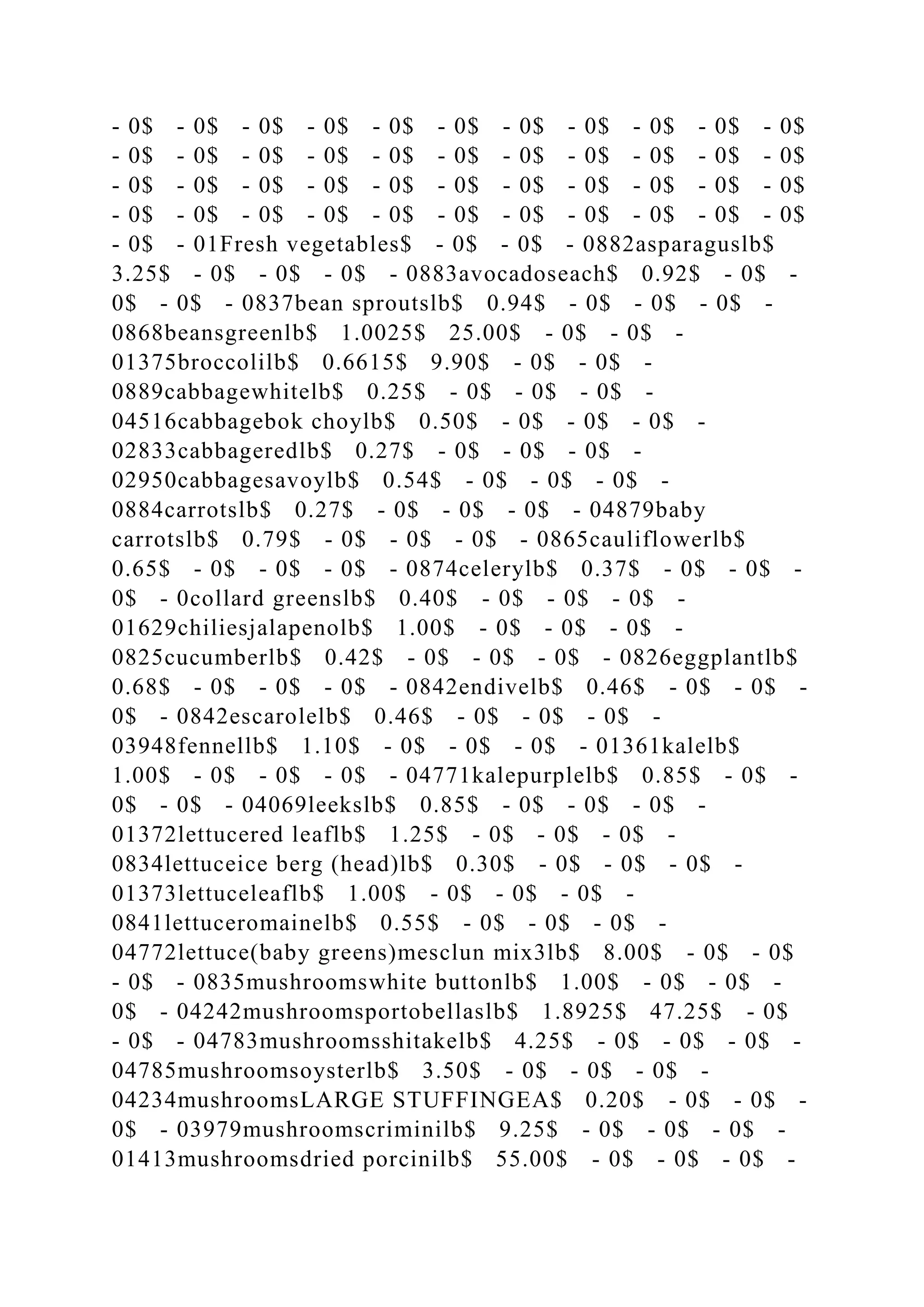 - 0$ - 0$ - 0$ - 0$ - 0$ - 0$ - 0$ - 0$ - 0$ - 0$ - 0$
- 0$ - 0$ - 0$ - 0$ - 0$ - 0$ - 0$ - 0$ - 0$ - 0$ - 0$
- 0$ - 0$ - 0$ - 0$ - 0$ - 0$ - 0$ - 0$ - 0$ - 0$ - 0$
- 0$ - 0$ - 0$ - 0$ - 0$ - 0$ - 0$ - 0$ - 0$ - 0$ - 0$
- 0$ - 01Fresh vegetables$ - 0$ - 0$ - 0882asparaguslb$
3.25$ - 0$ - 0$ - 0$ - 0883avocadoseach$ 0.92$ - 0$ -
0$ - 0$ - 0837bean sproutslb$ 0.94$ - 0$ - 0$ - 0$ -
0868beansgreenlb$ 1.0025$ 25.00$ - 0$ - 0$ -
01375broccolilb$ 0.6615$ 9.90$ - 0$ - 0$ -
0889cabbagewhitelb$ 0.25$ - 0$ - 0$ - 0$ -
04516cabbagebok choylb$ 0.50$ - 0$ - 0$ - 0$ -
02833cabbageredlb$ 0.27$ - 0$ - 0$ - 0$ -
02950cabbagesavoylb$ 0.54$ - 0$ - 0$ - 0$ -
0884carrotslb$ 0.27$ - 0$ - 0$ - 0$ - 04879baby
carrotslb$ 0.79$ - 0$ - 0$ - 0$ - 0865cauliflowerlb$
0.65$ - 0$ - 0$ - 0$ - 0874celerylb$ 0.37$ - 0$ - 0$ -
0$ - 0collard greenslb$ 0.40$ - 0$ - 0$ - 0$ -
01629chiliesjalapenolb$ 1.00$ - 0$ - 0$ - 0$ -
0825cucumberlb$ 0.42$ - 0$ - 0$ - 0$ - 0826eggplantlb$
0.68$ - 0$ - 0$ - 0$ - 0842endivelb$ 0.46$ - 0$ - 0$ -
0$ - 0842escarolelb$ 0.46$ - 0$ - 0$ - 0$ -
03948fennellb$ 1.10$ - 0$ - 0$ - 0$ - 01361kalelb$
1.00$ - 0$ - 0$ - 0$ - 04771kalepurplelb$ 0.85$ - 0$ -
0$ - 0$ - 04069leekslb$ 0.85$ - 0$ - 0$ - 0$ -
01372lettucered leaflb$ 1.25$ - 0$ - 0$ - 0$ -
0834lettuceice berg (head)lb$ 0.30$ - 0$ - 0$ - 0$ -
01373lettuceleaflb$ 1.00$ - 0$ - 0$ - 0$ -
0841lettuceromainelb$ 0.55$ - 0$ - 0$ - 0$ -
04772lettuce(baby greens)mesclun mix3lb$ 8.00$ - 0$ - 0$
- 0$ - 0835mushroomswhite buttonlb$ 1.00$ - 0$ - 0$ -
0$ - 04242mushroomsportobellaslb$ 1.8925$ 47.25$ - 0$
- 0$ - 04783mushroomsshitakelb$ 4.25$ - 0$ - 0$ - 0$ -
04785mushroomsoysterlb$ 3.50$ - 0$ - 0$ - 0$ -
04234mushroomsLARGE STUFFINGEA$ 0.20$ - 0$ - 0$ -
0$ - 03979mushroomscriminilb$ 9.25$ - 0$ - 0$ - 0$ -
01413mushroomsdried porcinilb$ 55.00$ - 0$ - 0$ - 0$ -
 
