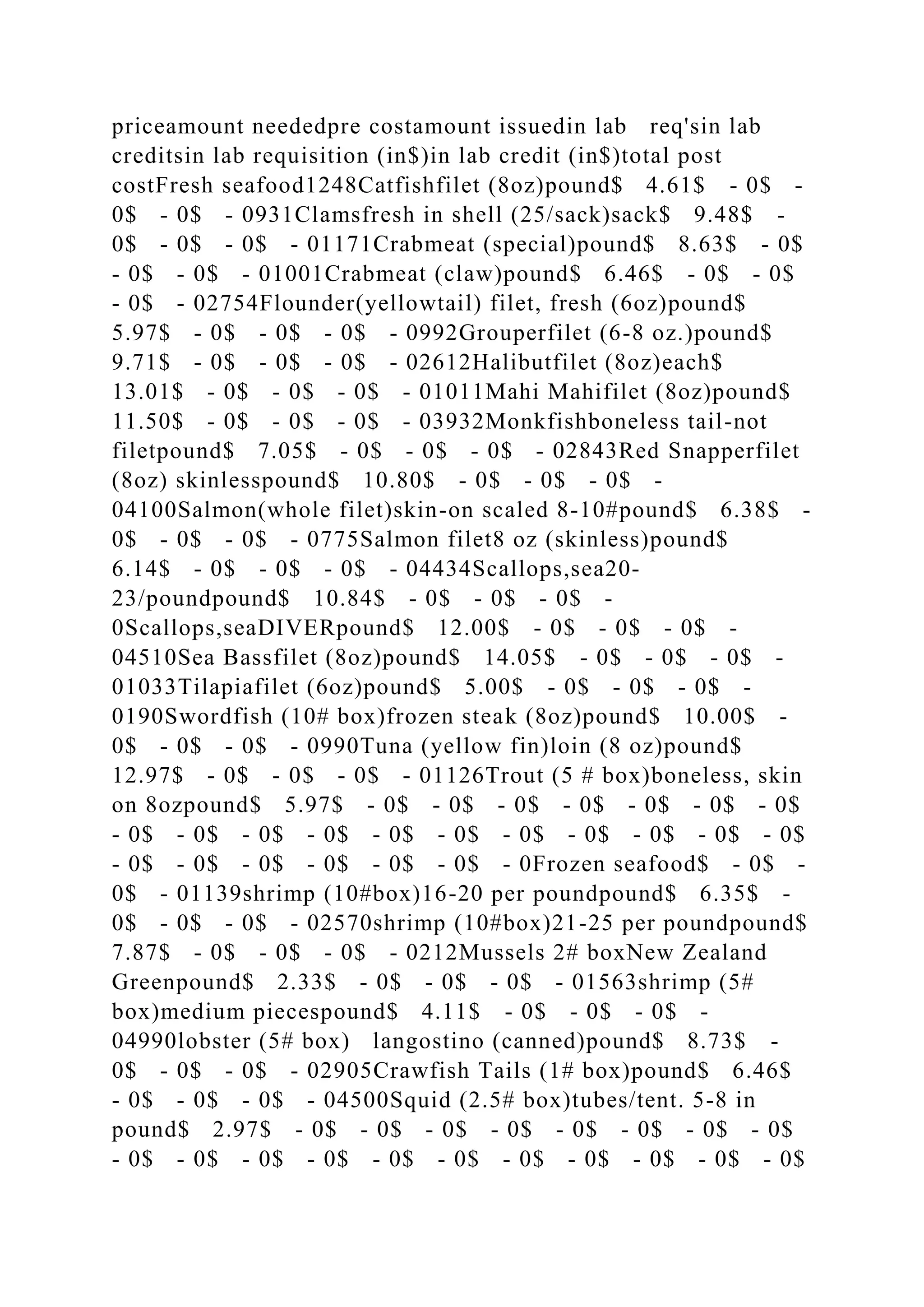 priceamount neededpre costamount issuedin lab req'sin lab
creditsin lab requisition (in$)in lab credit (in$)total post
costFresh seafood1248Catfishfilet (8oz)pound$ 4.61$ - 0$ -
0$ - 0$ - 0931Clamsfresh in shell (25/sack)sack$ 9.48$ -
0$ - 0$ - 0$ - 01171Crabmeat (special)pound$ 8.63$ - 0$
- 0$ - 0$ - 01001Crabmeat (claw)pound$ 6.46$ - 0$ - 0$
- 0$ - 02754Flounder(yellowtail) filet, fresh (6oz)pound$
5.97$ - 0$ - 0$ - 0$ - 0992Grouperfilet (6-8 oz.)pound$
9.71$ - 0$ - 0$ - 0$ - 02612Halibutfilet (8oz)each$
13.01$ - 0$ - 0$ - 0$ - 01011Mahi Mahifilet (8oz)pound$
11.50$ - 0$ - 0$ - 0$ - 03932Monkfishboneless tail-not
filetpound$ 7.05$ - 0$ - 0$ - 0$ - 02843Red Snapperfilet
(8oz) skinlesspound$ 10.80$ - 0$ - 0$ - 0$ -
04100Salmon(whole filet)skin-on scaled 8-10#pound$ 6.38$ -
0$ - 0$ - 0$ - 0775Salmon filet8 oz (skinless)pound$
6.14$ - 0$ - 0$ - 0$ - 04434Scallops,sea20-
23/poundpound$ 10.84$ - 0$ - 0$ - 0$ -
0Scallops,seaDIVERpound$ 12.00$ - 0$ - 0$ - 0$ -
04510Sea Bassfilet (8oz)pound$ 14.05$ - 0$ - 0$ - 0$ -
01033Tilapiafilet (6oz)pound$ 5.00$ - 0$ - 0$ - 0$ -
0190Swordfish (10# box)frozen steak (8oz)pound$ 10.00$ -
0$ - 0$ - 0$ - 0990Tuna (yellow fin)loin (8 oz)pound$
12.97$ - 0$ - 0$ - 0$ - 01126Trout (5 # box)boneless, skin
on 8ozpound$ 5.97$ - 0$ - 0$ - 0$ - 0$ - 0$ - 0$ - 0$
- 0$ - 0$ - 0$ - 0$ - 0$ - 0$ - 0$ - 0$ - 0$ - 0$ - 0$
- 0$ - 0$ - 0$ - 0$ - 0$ - 0$ - 0Frozen seafood$ - 0$ -
0$ - 01139shrimp (10#box)16-20 per poundpound$ 6.35$ -
0$ - 0$ - 0$ - 02570shrimp (10#box)21-25 per poundpound$
7.87$ - 0$ - 0$ - 0$ - 0212Mussels 2# boxNew Zealand
Greenpound$ 2.33$ - 0$ - 0$ - 0$ - 01563shrimp (5#
box)medium piecespound$ 4.11$ - 0$ - 0$ - 0$ -
04990lobster (5# box) langostino (canned)pound$ 8.73$ -
0$ - 0$ - 0$ - 02905Crawfish Tails (1# box)pound$ 6.46$
- 0$ - 0$ - 0$ - 04500Squid (2.5# box)tubes/tent. 5-8 in
pound$ 2.97$ - 0$ - 0$ - 0$ - 0$ - 0$ - 0$ - 0$ - 0$
- 0$ - 0$ - 0$ - 0$ - 0$ - 0$ - 0$ - 0$ - 0$ - 0$ - 0$
 