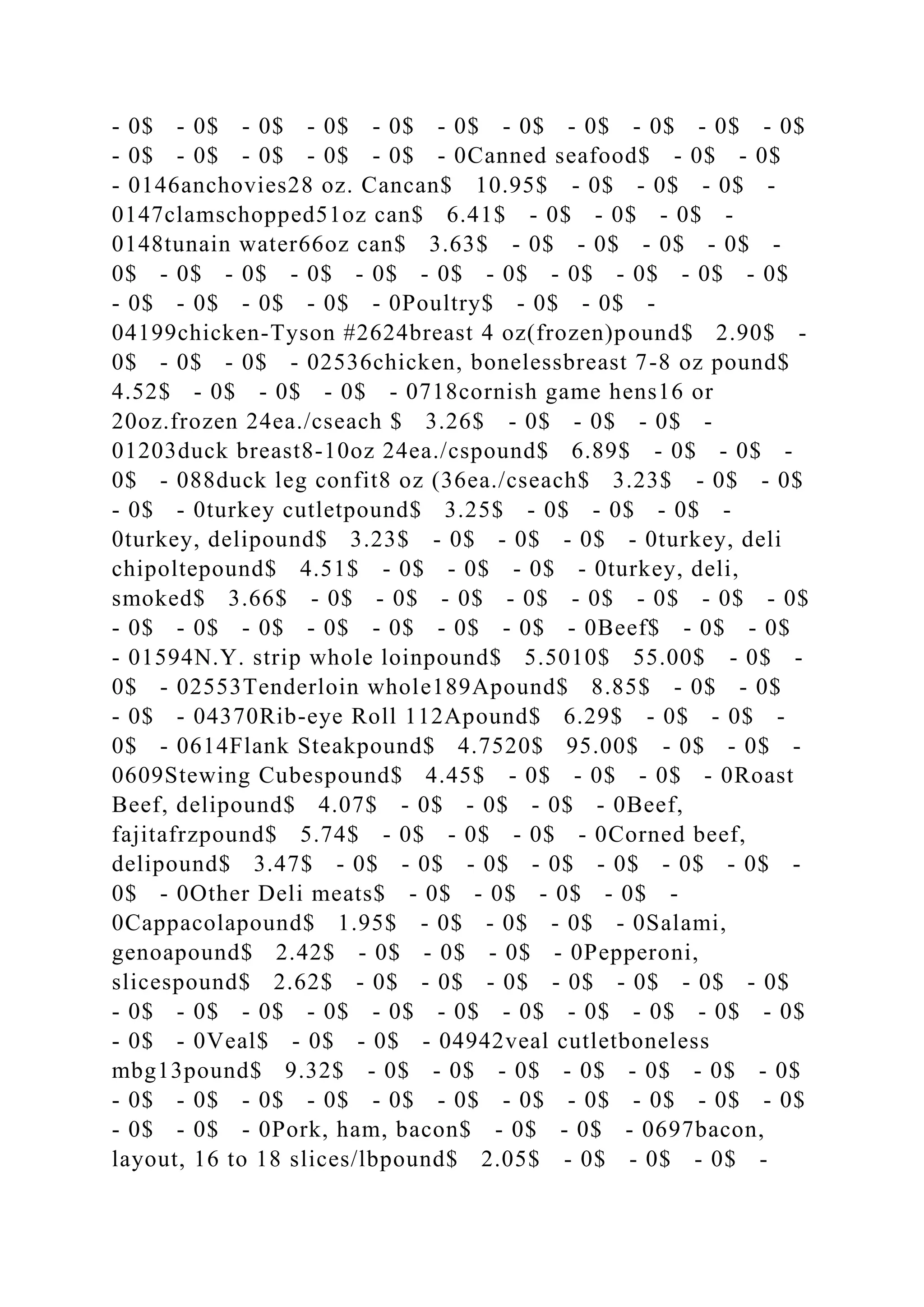 - 0$ - 0$ - 0$ - 0$ - 0$ - 0$ - 0$ - 0$ - 0$ - 0$ - 0$
- 0$ - 0$ - 0$ - 0$ - 0$ - 0Canned seafood$ - 0$ - 0$
- 0146anchovies28 oz. Cancan$ 10.95$ - 0$ - 0$ - 0$ -
0147clamschopped51oz can$ 6.41$ - 0$ - 0$ - 0$ -
0148tunain water66oz can$ 3.63$ - 0$ - 0$ - 0$ - 0$ -
0$ - 0$ - 0$ - 0$ - 0$ - 0$ - 0$ - 0$ - 0$ - 0$ - 0$
- 0$ - 0$ - 0$ - 0$ - 0Poultry$ - 0$ - 0$ -
04199chicken-Tyson #2624breast 4 oz(frozen)pound$ 2.90$ -
0$ - 0$ - 0$ - 02536chicken, bonelessbreast 7-8 oz pound$
4.52$ - 0$ - 0$ - 0$ - 0718cornish game hens16 or
20oz.frozen 24ea./cseach $ 3.26$ - 0$ - 0$ - 0$ -
01203duck breast8-10oz 24ea./cspound$ 6.89$ - 0$ - 0$ -
0$ - 088duck leg confit8 oz (36ea./cseach$ 3.23$ - 0$ - 0$
- 0$ - 0turkey cutletpound$ 3.25$ - 0$ - 0$ - 0$ -
0turkey, delipound$ 3.23$ - 0$ - 0$ - 0$ - 0turkey, deli
chipoltepound$ 4.51$ - 0$ - 0$ - 0$ - 0turkey, deli,
smoked$ 3.66$ - 0$ - 0$ - 0$ - 0$ - 0$ - 0$ - 0$ - 0$
- 0$ - 0$ - 0$ - 0$ - 0$ - 0$ - 0$ - 0Beef$ - 0$ - 0$
- 01594N.Y. strip whole loinpound$ 5.5010$ 55.00$ - 0$ -
0$ - 02553Tenderloin whole189Apound$ 8.85$ - 0$ - 0$
- 0$ - 04370Rib-eye Roll 112Apound$ 6.29$ - 0$ - 0$ -
0$ - 0614Flank Steakpound$ 4.7520$ 95.00$ - 0$ - 0$ -
0609Stewing Cubespound$ 4.45$ - 0$ - 0$ - 0$ - 0Roast
Beef, delipound$ 4.07$ - 0$ - 0$ - 0$ - 0Beef,
fajitafrzpound$ 5.74$ - 0$ - 0$ - 0$ - 0Corned beef,
delipound$ 3.47$ - 0$ - 0$ - 0$ - 0$ - 0$ - 0$ - 0$ -
0$ - 0Other Deli meats$ - 0$ - 0$ - 0$ - 0$ -
0Cappacolapound$ 1.95$ - 0$ - 0$ - 0$ - 0Salami,
genoapound$ 2.42$ - 0$ - 0$ - 0$ - 0Pepperoni,
slicespound$ 2.62$ - 0$ - 0$ - 0$ - 0$ - 0$ - 0$ - 0$
- 0$ - 0$ - 0$ - 0$ - 0$ - 0$ - 0$ - 0$ - 0$ - 0$ - 0$
- 0$ - 0Veal$ - 0$ - 0$ - 04942veal cutletboneless
mbg13pound$ 9.32$ - 0$ - 0$ - 0$ - 0$ - 0$ - 0$ - 0$
- 0$ - 0$ - 0$ - 0$ - 0$ - 0$ - 0$ - 0$ - 0$ - 0$ - 0$
- 0$ - 0$ - 0Pork, ham, bacon$ - 0$ - 0$ - 0697bacon,
layout, 16 to 18 slices/lbpound$ 2.05$ - 0$ - 0$ - 0$ -
 