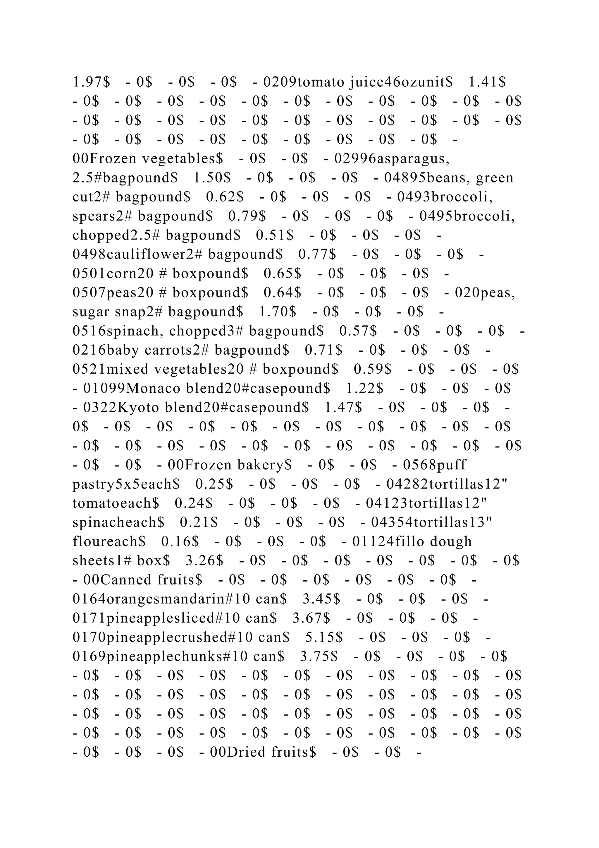 1.97$ - 0$ - 0$ - 0$ - 0209tomato juice46ozunit$ 1.41$
- 0$ - 0$ - 0$ - 0$ - 0$ - 0$ - 0$ - 0$ - 0$ - 0$ - 0$
- 0$ - 0$ - 0$ - 0$ - 0$ - 0$ - 0$ - 0$ - 0$ - 0$ - 0$
- 0$ - 0$ - 0$ - 0$ - 0$ - 0$ - 0$ - 0$ - 0$ -
00Frozen vegetables$ - 0$ - 0$ - 02996asparagus,
2.5#bagpound$ 1.50$ - 0$ - 0$ - 0$ - 04895beans, green
cut2# bagpound$ 0.62$ - 0$ - 0$ - 0$ - 0493broccoli,
spears2# bagpound$ 0.79$ - 0$ - 0$ - 0$ - 0495broccoli,
chopped2.5# bagpound$ 0.51$ - 0$ - 0$ - 0$ -
0498cauliflower2# bagpound$ 0.77$ - 0$ - 0$ - 0$ -
0501corn20 # boxpound$ 0.65$ - 0$ - 0$ - 0$ -
0507peas20 # boxpound$ 0.64$ - 0$ - 0$ - 0$ - 020peas,
sugar snap2# bagpound$ 1.70$ - 0$ - 0$ - 0$ -
0516spinach, chopped3# bagpound$ 0.57$ - 0$ - 0$ - 0$ -
0216baby carrots2# bagpound$ 0.71$ - 0$ - 0$ - 0$ -
0521mixed vegetables20 # boxpound$ 0.59$ - 0$ - 0$ - 0$
- 01099Monaco blend20#casepound$ 1.22$ - 0$ - 0$ - 0$
- 0322Kyoto blend20#casepound$ 1.47$ - 0$ - 0$ - 0$ -
0$ - 0$ - 0$ - 0$ - 0$ - 0$ - 0$ - 0$ - 0$ - 0$ - 0$
- 0$ - 0$ - 0$ - 0$ - 0$ - 0$ - 0$ - 0$ - 0$ - 0$ - 0$
- 0$ - 0$ - 00Frozen bakery$ - 0$ - 0$ - 0568puff
pastry5x5each$ 0.25$ - 0$ - 0$ - 0$ - 04282tortillas12"
tomatoeach$ 0.24$ - 0$ - 0$ - 0$ - 04123tortillas12"
spinacheach$ 0.21$ - 0$ - 0$ - 0$ - 04354tortillas13"
floureach$ 0.16$ - 0$ - 0$ - 0$ - 01124fillo dough
sheets1# box$ 3.26$ - 0$ - 0$ - 0$ - 0$ - 0$ - 0$ - 0$
- 00Canned fruits$ - 0$ - 0$ - 0$ - 0$ - 0$ - 0$ -
0164orangesmandarin#10 can$ 3.45$ - 0$ - 0$ - 0$ -
0171pineapplesliced#10 can$ 3.67$ - 0$ - 0$ - 0$ -
0170pineapplecrushed#10 can$ 5.15$ - 0$ - 0$ - 0$ -
0169pineapplechunks#10 can$ 3.75$ - 0$ - 0$ - 0$ - 0$
- 0$ - 0$ - 0$ - 0$ - 0$ - 0$ - 0$ - 0$ - 0$ - 0$ - 0$
- 0$ - 0$ - 0$ - 0$ - 0$ - 0$ - 0$ - 0$ - 0$ - 0$ - 0$
- 0$ - 0$ - 0$ - 0$ - 0$ - 0$ - 0$ - 0$ - 0$ - 0$ - 0$
- 0$ - 0$ - 0$ - 0$ - 0$ - 0$ - 0$ - 0$ - 0$ - 0$ - 0$
- 0$ - 0$ - 0$ - 00Dried fruits$ - 0$ - 0$ -
 