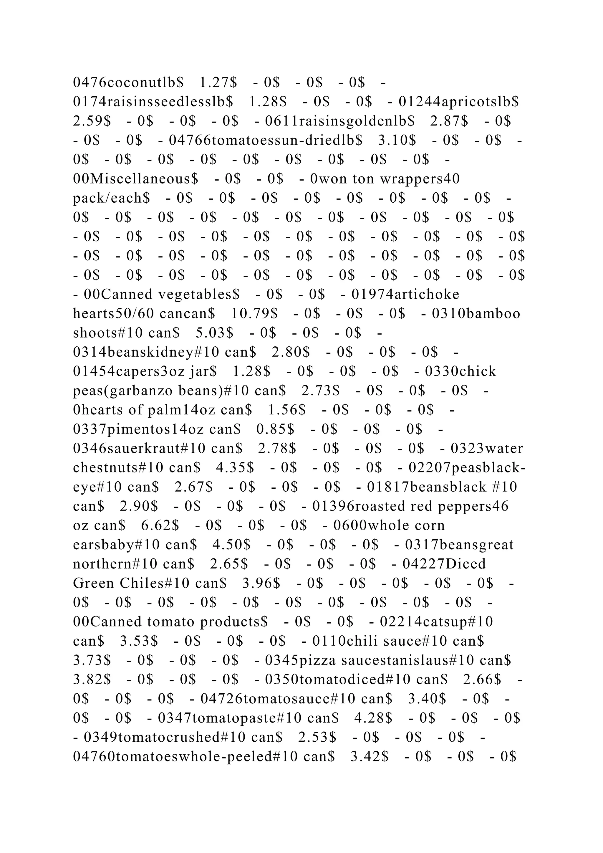 0476coconutlb$ 1.27$ - 0$ - 0$ - 0$ -
0174raisinsseedlesslb$ 1.28$ - 0$ - 0$ - 01244apricotslb$
2.59$ - 0$ - 0$ - 0$ - 0611raisinsgoldenlb$ 2.87$ - 0$
- 0$ - 0$ - 04766tomatoessun-driedlb$ 3.10$ - 0$ - 0$ -
0$ - 0$ - 0$ - 0$ - 0$ - 0$ - 0$ - 0$ - 0$ -
00Miscellaneous$ - 0$ - 0$ - 0won ton wrappers40
pack/each$ - 0$ - 0$ - 0$ - 0$ - 0$ - 0$ - 0$ - 0$ -
0$ - 0$ - 0$ - 0$ - 0$ - 0$ - 0$ - 0$ - 0$ - 0$ - 0$
- 0$ - 0$ - 0$ - 0$ - 0$ - 0$ - 0$ - 0$ - 0$ - 0$ - 0$
- 0$ - 0$ - 0$ - 0$ - 0$ - 0$ - 0$ - 0$ - 0$ - 0$ - 0$
- 0$ - 0$ - 0$ - 0$ - 0$ - 0$ - 0$ - 0$ - 0$ - 0$ - 0$
- 00Canned vegetables$ - 0$ - 0$ - 01974artichoke
hearts50/60 cancan$ 10.79$ - 0$ - 0$ - 0$ - 0310bamboo
shoots#10 can$ 5.03$ - 0$ - 0$ - 0$ -
0314beanskidney#10 can$ 2.80$ - 0$ - 0$ - 0$ -
01454capers3oz jar$ 1.28$ - 0$ - 0$ - 0$ - 0330chick
peas(garbanzo beans)#10 can$ 2.73$ - 0$ - 0$ - 0$ -
0hearts of palm14oz can$ 1.56$ - 0$ - 0$ - 0$ -
0337pimentos14oz can$ 0.85$ - 0$ - 0$ - 0$ -
0346sauerkraut#10 can$ 2.78$ - 0$ - 0$ - 0$ - 0323water
chestnuts#10 can$ 4.35$ - 0$ - 0$ - 0$ - 02207peasblack-
eye#10 can$ 2.67$ - 0$ - 0$ - 0$ - 01817beansblack #10
can$ 2.90$ - 0$ - 0$ - 0$ - 01396roasted red peppers46
oz can$ 6.62$ - 0$ - 0$ - 0$ - 0600whole corn
earsbaby#10 can$ 4.50$ - 0$ - 0$ - 0$ - 0317beansgreat
northern#10 can$ 2.65$ - 0$ - 0$ - 0$ - 04227Diced
Green Chiles#10 can$ 3.96$ - 0$ - 0$ - 0$ - 0$ - 0$ -
0$ - 0$ - 0$ - 0$ - 0$ - 0$ - 0$ - 0$ - 0$ - 0$ -
00Canned tomato products$ - 0$ - 0$ - 02214catsup#10
can$ 3.53$ - 0$ - 0$ - 0$ - 0110chili sauce#10 can$
3.73$ - 0$ - 0$ - 0$ - 0345pizza saucestanislaus#10 can$
3.82$ - 0$ - 0$ - 0$ - 0350tomatodiced#10 can$ 2.66$ -
0$ - 0$ - 0$ - 04726tomatosauce#10 can$ 3.40$ - 0$ -
0$ - 0$ - 0347tomatopaste#10 can$ 4.28$ - 0$ - 0$ - 0$
- 0349tomatocrushed#10 can$ 2.53$ - 0$ - 0$ - 0$ -
04760tomatoeswhole-peeled#10 can$ 3.42$ - 0$ - 0$ - 0$
 
