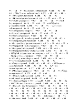 0$ - 0$ - 01146jamaican jerkteaspoon$ 0.05$ - 0$ - 0$ -
0$ - 01643kosher saltteaspoon$ 0.05$ - 0$ - 0$ - 0$ -
01134marjoram teaspoon$ 0.05$ - 0$ - 0$ - 0$ -
01164mustardgroundteaspoon$ 0.05$ - 0$ - 0$ - 0$ -
0276nutmegteaspoon$ 0.05$ - 0$ - 0$ - 0$ - 0615old
bayteaspoon$ 0.05$ - 0$ - 0$ - 0$ - 04712onion
powderteaspoon$ 0.05$ - 0$ - 0$ - 0$ - 0277onion
saltteaspoon$ 0.05$ - 0$ - 0$ - 0$ -
0281oreganoleafteaspoon$ 0.05$ - 0$ - 0$ - 0$ -
0351paprikateaspoon$ 0.05$ - 0$ - 0$ - 0$ -
0283parsleyteaspoon$ 0.05$ - 0$ - 0$ - 0$ -
0286pepperred groundteaspoon$ 0.05$ - 0$ - 0$ - 0$ -
0286peppercayenneteaspoon$ 0.05$ - 0$ - 0$ - 0$ -
0285pepperblack, groundteaspoon$ 0.05$ - 0$ - 0$ - 0$ -
0287pepperred crushedteaspoon$ 0.05$ - 0$ - 0$ - 0$ -
0288pepperwhiteteaspoon$ 0.05$ - 0$ - 0$ - 0$ -
0284peppercornblack wholeteaspoon$ 0.05$ - 0$ - 0$ - 0$
- 0921pink peppercornwholeteaspoon$ 0.05$ - 0$ - 0$ - 0$
- 0291poppy seedteaspoon$ 0.05$ - 0$ - 0$ - 0$ -
0292poultry seasoningteaspoon$ 0.05$ - 0$ - 0$ - 0$ -
0761rosemaryteaspoon$ 0.05$ - 0$ - 0$ - 0$ -
0297sageteaspoon$ 0.05$ - 0$ - 0$ - 0$ - 0300sesame
seedsteaspoon$ 0.05$ - 0$ - 0$ - 0$ - 0304taco
seasoningteaspoon$ 0.05$ - 0$ - 0$ - 0$ -
01294tarragonteaspoon$ 0.05$ - 0$ - 0$ - 0$ - 01179thai
curryteaspoon$ 0.05$ - 0$ - 0$ - 0$ -
01145thymeleafteaspoon$ 0.05$ - 0$ - 0$ - 0$ -
0306tumericteaspoon$ 0.05$ - 0$ - 0$ - 0$ -
04553saffronthread ($83.85/oz)each$ 0.10$ - 0$ - 0$ - 0$
- 01433Herb deProvenceteaspoon$ 0.05$ - 0$ - 0$ - 0$ -
01129wasabi powderteaspoon$ 0.05$ - 0$ - 0$ - 0$ - 0`$
- 0$ - 0$ - 0$ - 0$ - 0$ - 0$ - 0$ - 0$ - 0$ - 0$ - 0$
- 0$ - 0$ - 0$ - 0$ - 0$ - 0$ - 0$ - 0$ - 0$ - 0$ - 0$
- 0$ - 0$ - 0$ - 0$ - 0$ - 0$ - 0$ - 0$ - 0$ - 0$ - 0$
- 0$ - 0$ - 0$ - 0$ - 0$ - 0$ - 00Extracts$ - 0$ - 0$ -
0239almond16oz$ 2.05$ - 0$ - 0$ - 0$ - 0$ - 0$ - 0$
 
