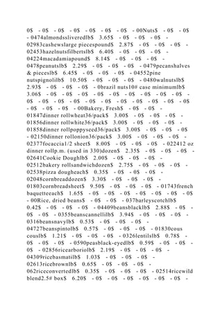 0$ - 0$ - 0$ - 0$ - 0$ - 0$ - 0$ - 00Nuts$ - 0$ - 0$
- 0474almondssliveredlb$ 3.65$ - 0$ - 0$ - 0$ -
02983cashewslarge piecespound$ 2.87$ - 0$ - 0$ - 0$ -
02453hazelnutsfilbertslb$ 6.40$ - 0$ - 0$ - 0$ -
04224macadamiapound$ 8.14$ - 0$ - 0$ - 0$ -
0478peanutslb$ 2.29$ - 0$ - 0$ - 0$ - 0479pecanshalves
& pieceslb$ 6.45$ - 0$ - 0$ - 0$ - 04552pine
nutspignolilb$ 10.50$ - 0$ - 0$ - 0$ - 0480walnutslb$
2.93$ - 0$ - 0$ - 0$ - 0brazil nuts10# case minimumlb$
3.06$ - 0$ - 0$ - 0$ - 0$ - 0$ - 0$ - 0$ - 0$ - 0$ -
0$ - 0$ - 0$ - 0$ - 0$ - 0$ - 0$ - 0$ - 0$ - 0$ - 0$
- 0$ - 0$ - 0$ - 00Bakery, Fresh$ - 0$ - 0$ -
01847dinner rollwheat36/pack$ 3.00$ - 0$ - 0$ - 0$ -
01856dinner rollwhite36/pack$ 3.00$ - 0$ - 0$ - 0$ -
01858dinner rollpoppyseed36/pack$ 3.00$ - 0$ - 0$ - 0$
- 02150dinner rollonion36/pack$ 3.00$ - 0$ - 0$ - 0$ -
02377focaccia1/2 sheet$ 8.00$ - 0$ - 0$ - 0$ - 022412 oz
dinner rollp.m. (used in 330)dozen$ 2.35$ - 0$ - 0$ - 0$ -
02641Cookie Doughlb$ 2.00$ - 0$ - 0$ - 0$ -
02512bakery rollsandwichdozen$ 2.75$ - 0$ - 0$ - 0$ -
02538pizza dougheach$ 0.35$ - 0$ - 0$ - 0$ -
02048cornbreaddozen$ 3.30$ - 0$ - 0$ - 0$ -
01803cornbreadsheet$ 9.50$ - 0$ - 0$ - 0$ - 01743french
baquetteeach$ 1.65$ - 0$ - 0$ - 0$ - 0$ - 0$ - 0$ - 0$
- 00Rice, dried beans$ - 0$ - 0$ - 037barleyscotchlb$
0.42$ - 0$ - 0$ - 0$ - 04409beansblacklb$ 2.88$ - 0$ -
0$ - 0$ - 0355beanscannellilb$ 3.94$ - 0$ - 0$ - 0$ -
0316beansnavylb$ 0.53$ - 0$ - 0$ - 0$ -
04727beanspintolb$ 0.57$ - 0$ - 0$ - 0$ - 01830cous
couslb$ 1.21$ - 0$ - 0$ - 0$ - 0326lentilslb$ 0.78$ -
0$ - 0$ - 0$ - 0590peasblack-eyedlb$ 0.59$ - 0$ - 0$ -
0$ - 02856ricearboriolb$ 2.19$ - 0$ - 0$ - 0$ -
04309ricebasmatilb$ 1.03$ - 0$ - 0$ - 0$ -
02613ricebrownlb$ 0.65$ - 0$ - 0$ - 0$ -
062riceconvertedlb$ 0.35$ - 0$ - 0$ - 0$ - 02514ricewild
blend2.5# box$ 6.20$ - 0$ - 0$ - 0$ - 0$ - 0$ - 0$ -
 