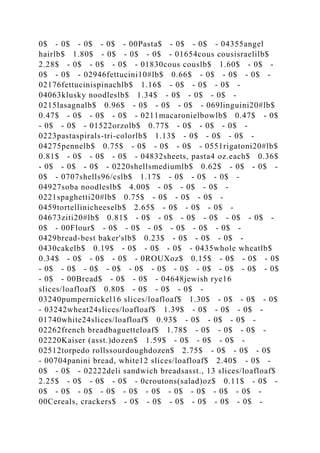 0$ - 0$ - 0$ - 0$ - 00Pasta$ - 0$ - 0$ - 04355angel
hairlb$ 1.80$ - 0$ - 0$ - 0$ - 01654cous cousisraelilb$
2.28$ - 0$ - 0$ - 0$ - 01830cous couslb$ 1.60$ - 0$ -
0$ - 0$ - 02946fettucini10#lb$ 0.66$ - 0$ - 0$ - 0$ -
02176fettucinispinachlb$ 1.16$ - 0$ - 0$ - 0$ -
04063klusky noodleslb$ 1.34$ - 0$ - 0$ - 0$ -
0215lasagnalb$ 0.96$ - 0$ - 0$ - 0$ - 069linguini20#lb$
0.47$ - 0$ - 0$ - 0$ - 0211macaronielbowlb$ 0.47$ - 0$
- 0$ - 0$ - 01522orzolb$ 0.77$ - 0$ - 0$ - 0$ -
0223pastaspirals-tri-colorlb$ 1.13$ - 0$ - 0$ - 0$ -
04275pennelb$ 0.75$ - 0$ - 0$ - 0$ - 0551rigatoni20#lb$
0.81$ - 0$ - 0$ - 0$ - 04832sheets, pasta4 oz.each$ 0.36$
- 0$ - 0$ - 0$ - 0220shellsmediumlb$ 0.62$ - 0$ - 0$ -
0$ - 0707shells96/cslb$ 1.17$ - 0$ - 0$ - 0$ -
04927soba noodleslb$ 4.00$ - 0$ - 0$ - 0$ -
0221spaghetti20#lb$ 0.75$ - 0$ - 0$ - 0$ -
0459tortellinicheeselb$ 2.65$ - 0$ - 0$ - 0$ -
04673ziti20#lb$ 0.81$ - 0$ - 0$ - 0$ - 0$ - 0$ - 0$ -
0$ - 00Flour$ - 0$ - 0$ - 0$ - 0$ - 0$ - 0$ -
0429bread-best baker'slb$ 0.23$ - 0$ - 0$ - 0$ -
0430cakelb$ 0.19$ - 0$ - 0$ - 0$ - 0435whole wheatlb$
0.34$ - 0$ - 0$ - 0$ - 0ROUXoz$ 0.15$ - 0$ - 0$ - 0$
- 0$ - 0$ - 0$ - 0$ - 0$ - 0$ - 0$ - 0$ - 0$ - 0$ - 0$
- 0$ - 00Bread$ - 0$ - 0$ - 04648jewish rye16
slices/loafloaf$ 0.80$ - 0$ - 0$ - 0$ -
03240pumpernickel16 slices/loafloaf$ 1.30$ - 0$ - 0$ - 0$
- 03242wheat24slices/loafloaf$ 1.39$ - 0$ - 0$ - 0$ -
01740white24slices/loafloaf$ 0.93$ - 0$ - 0$ - 0$ -
02262french breadbaguetteloaf$ 1.78$ - 0$ - 0$ - 0$ -
02220Kaiser (asst.)dozen$ 1.59$ - 0$ - 0$ - 0$ -
02512torpedo rollssourdoughdozen$ 2.75$ - 0$ - 0$ - 0$
- 00704panini bread, white12 slices/loafloaf$ 2.40$ - 0$ -
0$ - 0$ - 02222deli sandwich breadsasst., 13 slices/loafloaf$
2.25$ - 0$ - 0$ - 0$ - 0croutons(salad)oz$ 0.11$ - 0$ -
0$ - 0$ - 0$ - 0$ - 0$ - 0$ - 0$ - 0$ - 0$ - 0$ -
00Cereals, crackers$ - 0$ - 0$ - 0$ - 0$ - 0$ - 0$ -
 