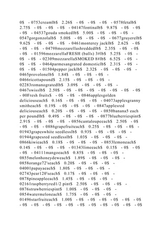 0$ - 0753creamlb$ 2.26$ - 0$ - 0$ - 0$ - 0578fetalb$
2.75$ - 0$ - 0$ - 0$ - 04147fontinalb$ 9.87$ - 0$ - 0$
- 0$ - 04537gouda smokedlb$ 5.00$ - 0$ - 0$ - 0$ -
0547gorgonzolalb$ 5.00$ - 0$ - 0$ - 0$ - 0677gruyerelb$
9.62$ - 0$ - 0$ - 0$ - 0461monterey jacklb$ 2.62$ - 0$
- 0$ - 0$ - 04798mozzarellashreddedlb$ 2.35$ - 0$ - 0$
- 0$ - 01596mozzarellaFRESH (balls) 3#lb$ 5.25$ - 0$ -
0$ - 0$ - 02309mozzarellaSMOKED 8#lb$ 6.52$ - 0$ -
0$ - 0$ - 0464parmesangrated domesticlb$ 2.31$ - 0$ -
0$ - 0$ - 01504pepper jacklb$ 2.32$ - 0$ - 0$ - 0$ -
0465provolonelb$ 1.84$ - 0$ - 0$ - 0$ -
0466ricottapound$ 2.15$ - 0$ - 0$ - 0$ -
02283romanogratedlb$ 3.09$ - 0$ - 0$ - 0$ -
0467swisslb$ 2.50$ - 0$ - 0$ - 0$ - 0$ - 0$ - 0$ - 0$
- 00Fresh fruits$ - 0$ - 0$ - 0846applesgolden
deliciouseach$ 0.16$ - 0$ - 0$ - 0$ - 04073applesgranny
smitheach$ 0.19$ - 0$ - 0$ - 0$ - 0847applesred
deliciouseach$ 0.20$ - 0$ - 0$ - 0$ - 0850banana5 each
per poundlb$ 0.49$ - 0$ - 0$ - 0$ - 0877blueberriespint$
2.91$ - 0$ - 0$ - 0$ - 0856cantaloupeeach$ 2.50$ - 0$
- 0$ - 0$ - 0886grapefruiteach$ 0.25$ - 0$ - 0$ - 0$ -
01943grapeswhite seedlesslb$ 0.93$ - 0$ - 0$ - 0$ -
01944grapesred seedlesslb$ 1.03$ - 0$ - 0$ - 0$ -
0866kiwieach$ 0.18$ - 0$ - 0$ - 0$ - 0853lemoneach$
0.14$ - 0$ - 0$ - 0$ - 01343limeeach$ 0.15$ - 0$ - 0$
- 0$ - 04111mangoeach$ 0.85$ - 0$ - 0$ - 0$ -
0855melonhoneydeweach$ 1.89$ - 0$ - 0$ - 0$ -
0858orange72'seach$ 0.20$ - 0$ - 0$ - 0$ -
04001papayaeach$ 1.80$ - 0$ - 0$ - 0$ -
02743pear120'seach$ 0.17$ - 0$ - 0$ - 0$ -
0878pineappleeach$ 1.45$ - 0$ - 0$ - 0$ -
02161raspberryred1/2 pint$ 2.50$ - 0$ - 0$ - 0$ -
0876strawberriespint$ 1.00$ - 0$ - 0$ - 0$ -
0854watermeloneach$ 1.75$ - 0$ - 0$ - 0$ -
01496starfruiteach$ 1.00$ - 0$ - 0$ - 0$ - 0$ - 0$ - 0$
- 0$ - 0$ - 0$ - 0$ - 0$ - 0$ - 0$ - 0$ - 0$ - 0$ - 0$
 
