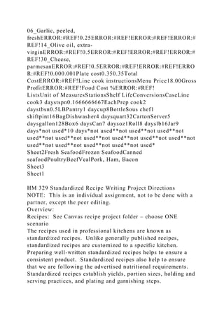 06_Garlic, peeled,
freshERROR:#REF!0.25ERROR:#REF!ERROR:#REF!ERROR:#
REF!14_Olive oil, extra-
virginERROR:#REF!0.5ERROR:#REF!ERROR:#REF!ERROR:#
REF!30_Cheese,
parmesanERROR:#REF!0.5ERROR:#REF!ERROR:#REF!ERRO
R:#REF!0.000.001Plate cost0.350.35Total
CostERROR:#REF!Line cook instructionsMenu Price18.00Gross
ProfitERROR:#REF!Food Cost %ERROR:#REF!
ListsUnit of MeasuresStationsShelf LifeConversionsCaseLine
cook3 daystspn0.1666666667EachPrep cook2
daystbsn0.5LBPantry1 daycup8BottleSous chef1
shiftpint16BagDishwasher4 daysquart32CartonServer5
daysgallon128Box6 daysCan7 daysoz1Roll8 dayslb16Jar9
days*not used*10 days*not used**not used**not used**not
used**not used**not used**not used**not used**not used**not
used**not used**not used**not used**not used*
Sheet2Fresh SeafoodFrozen SeafoodCanned
seafoodPoultryBeefVealPork, Ham, Bacon
Sheet3
Sheet1
HM 329 Standardized Recipe Writing Project Directions
NOTE: This is an individual assignment, not to be done with a
partner, except the peer editing.
Overview:
Recipes: See Canvas recipe project folder – choose ONE
scenario
The recipes used in professional kitchens are known as
standardized recipes. Unlike generally published recipes,
standardized recipes are customized to a specific kitchen.
Preparing well-written standardized recipes helps to ensure a
consistent product. Standardized recipes also help to ensure
that we are following the advertised nutritional requirements.
Standardized recipes establish yields, portion sizes, holding and
serving practices, and plating and garnishing steps.
 