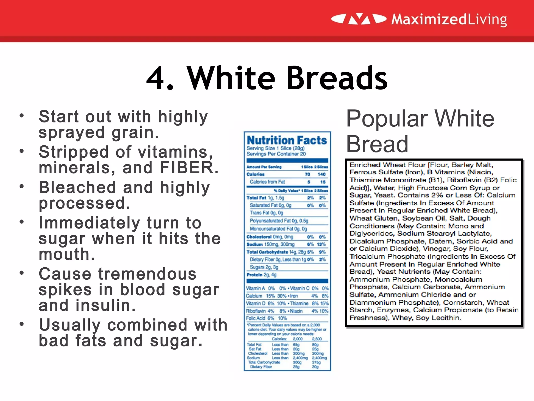 4. White Breads
• Start out with highly
sprayed grain.
• Stripped of vitamins,
minerals, and FIBER.
• Bleached and highly
processed.
• Immediately turn to
sugar when it hits the
mouth.
• Cause tremendous
spikes in blood sugar
and insulin.
• Usually combined with
bad fats and sugar.
Popular White
Bread
 