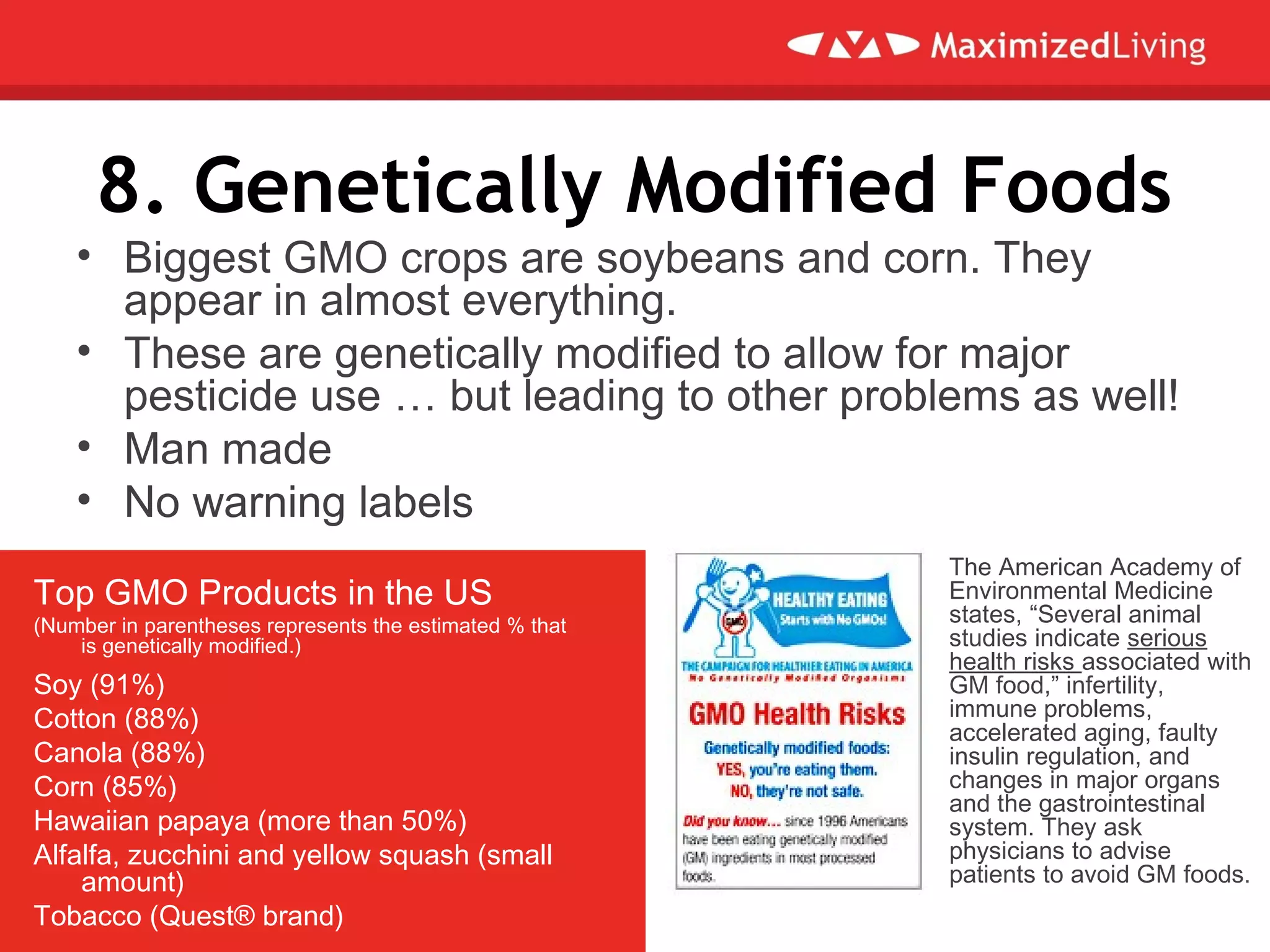 8. Genetically Modified Foods
• Biggest GMO crops are soybeans and corn. They
appear in almost everything.
• These are genetically modified to allow for major
pesticide use … but leading to other problems as well!
• Man made
• No warning labels
Top GMO Products in the US
(Number in parentheses represents the estimated % that
is genetically modified.)
Soy (91%)
Cotton (88%)
Canola (88%)
Corn (85%)
Hawaiian papaya (more than 50%)
Alfalfa, zucchini and yellow squash (small
amount)
Tobacco (Quest® brand)
The American Academy of
Environmental Medicine
states, “Several animal
studies indicate serious
health risks associated with
GM food,” infertility,
immune problems,
accelerated aging, faulty
insulin regulation, and
changes in major organs
and the gastrointestinal
system. They ask
physicians to advise
patients to avoid GM foods.
 