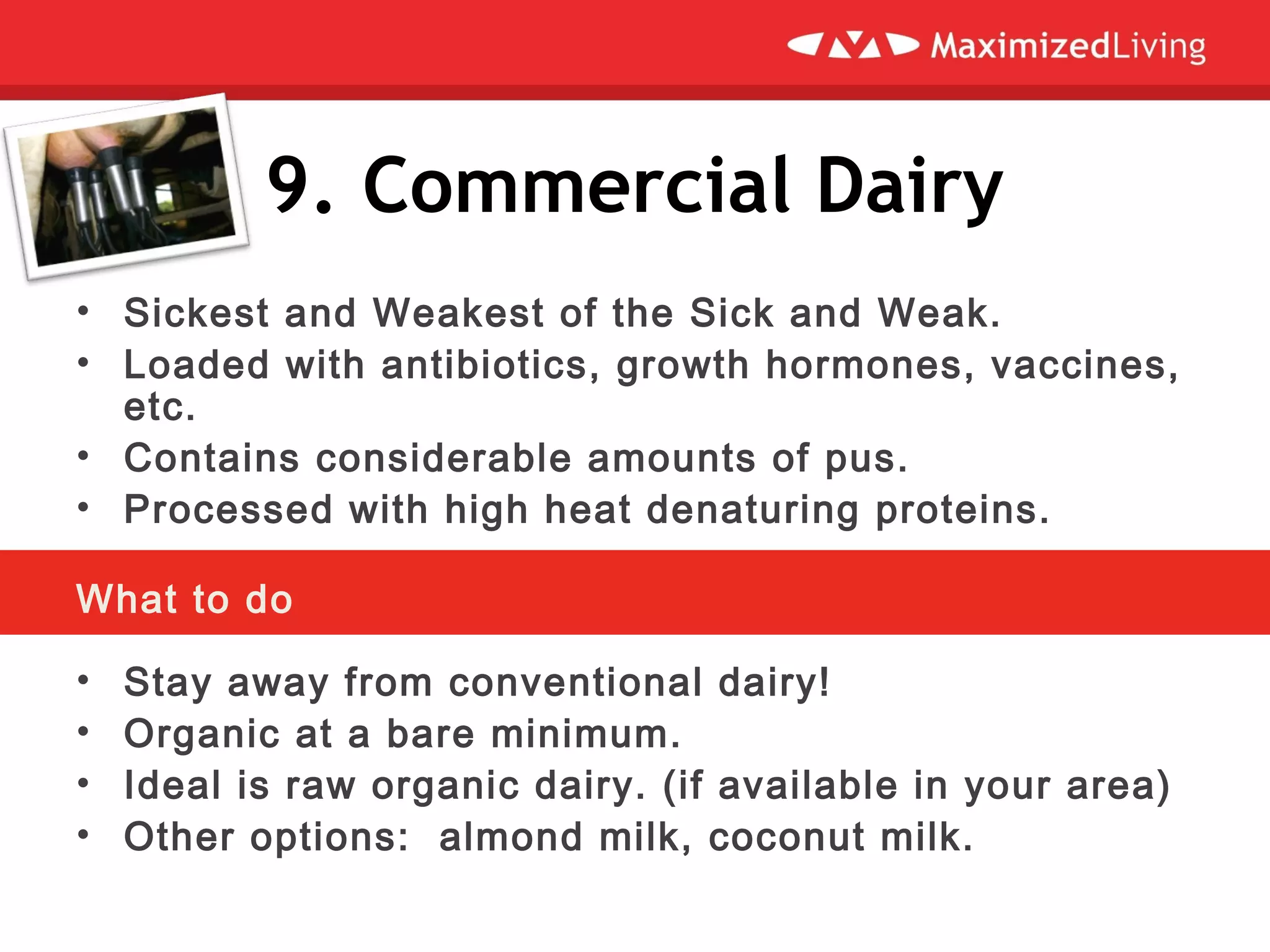 9. Commercial Dairy
• Sickest and Weakest of the Sick and Weak.
• Loaded with antibiotics, growth hormones, vaccines,
etc.
• Contains considerable amounts of pus.
• Processed with high heat denaturing proteins.
What to do
• Stay away from conventional dairy!
• Organic at a bare minimum.
• Ideal is raw organic dairy. (if available in your area)
• Other options: almond milk, coconut milk.
 