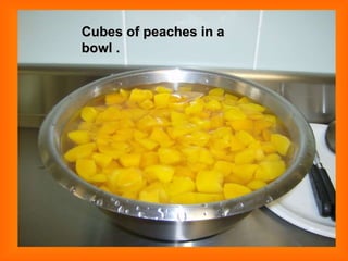 Cubes of peaches in a bowl . 