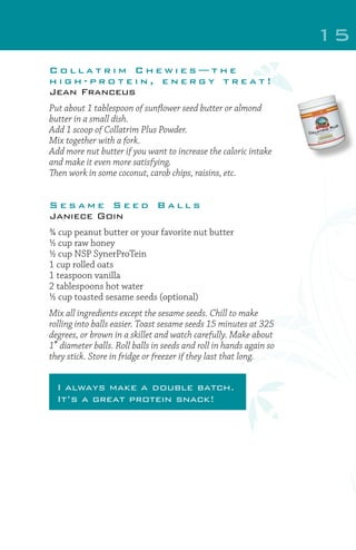 15
Collatrim Chewies—the
high-protein, energy treat!
Jean Franceus
Put about 1 tablespoon of sunflower seed butter or almond
butter in a small dish.
Add 1 scoop of Collatrim Plus Powder.
Mix together with a fork.
Add more nut butter if you want to increase the caloric intake
and make it even more satisfying.
Then work in some coconut, carob chips, raisins, etc.

Sesame Seed Balls
Janiece Goin
¾ cup peanut butter or your favorite nut butter
½ cup raw honey
½ cup NSP SynerProTein
1 cup rolled oats
1 teaspoon vanilla
2 tablespoons hot water
½ cup toasted sesame seeds (optional)
Mix all ingredients except the sesame seeds. Chill to make
rolling into balls easier. Toast sesame seeds 15 minutes at 325
degrees, or brown in a skillet and watch carefully. Make about
1” diameter balls. Roll balls in seeds and roll in hands again so
they stick. Store in fridge or freezer if they last that long.

I always make a double batch.
It’s a great protein snack!

 
