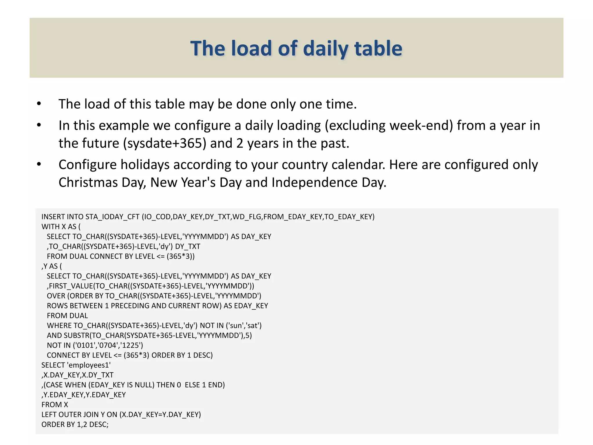The load of daily table
•
•
•

The load of this table may be done only one time.
In this example we configure a daily loading (excluding week-end) from a year in
the future (sysdate+365) and 2 years in the past.
Configure holidays according to your country calendar. Here are configured only
Christmas Day, New Year's Day and Independence Day.

INSERT INTO STA_IODAY_CFT (IO_COD,DAY_KEY,DY_TXT,WD_FLG,FROM_EDAY_KEY,TO_EDAY_KEY)
WITH X AS (
SELECT TO_CHAR((SYSDATE+365)-LEVEL,'YYYYMMDD') AS DAY_KEY
,TO_CHAR((SYSDATE+365)-LEVEL,'dy') DY_TXT
FROM DUAL CONNECT BY LEVEL <= (365*3))
,Y AS (
SELECT TO_CHAR((SYSDATE+365)-LEVEL,'YYYYMMDD') AS DAY_KEY
,FIRST_VALUE(TO_CHAR((SYSDATE+365)-LEVEL,'YYYYMMDD'))
OVER (ORDER BY TO_CHAR((SYSDATE+365)-LEVEL,'YYYYMMDD')
ROWS BETWEEN 1 PRECEDING AND CURRENT ROW) AS EDAY_KEY
FROM DUAL
WHERE TO_CHAR((SYSDATE+365)-LEVEL,'dy') NOT IN ('sun','sat')
AND SUBSTR(TO_CHAR(SYSDATE+365-LEVEL,'YYYYMMDD'),5)
NOT IN ('0101','0704','1225')
CONNECT BY LEVEL <= (365*3) ORDER BY 1 DESC)
SELECT 'employees1'
,X.DAY_KEY,X.DY_TXT
,(CASE WHEN (EDAY_KEY IS NULL) THEN 0 ELSE 1 END)
,Y.EDAY_KEY,Y.EDAY_KEY
FROM X
LEFT OUTER JOIN Y ON (X.DAY_KEY=Y.DAY_KEY)
ORDER BY 1,2 DESC;

 