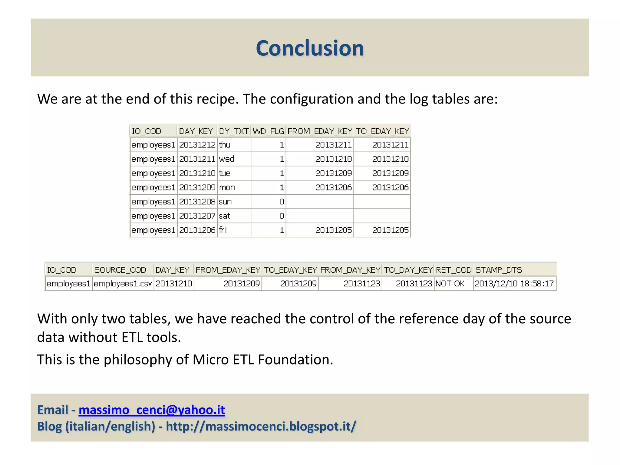 Conclusion
We are at the end of this recipe. The configuration and the log tables are:

With only two tables, we have reached the control of the reference day of the source
data without ETL tools.
This is the philosophy of Micro ETL Foundation.
Email - massimo_cenci@yahoo.it
Blog (italian/english) - http://massimocenci.blogspot.it/

 